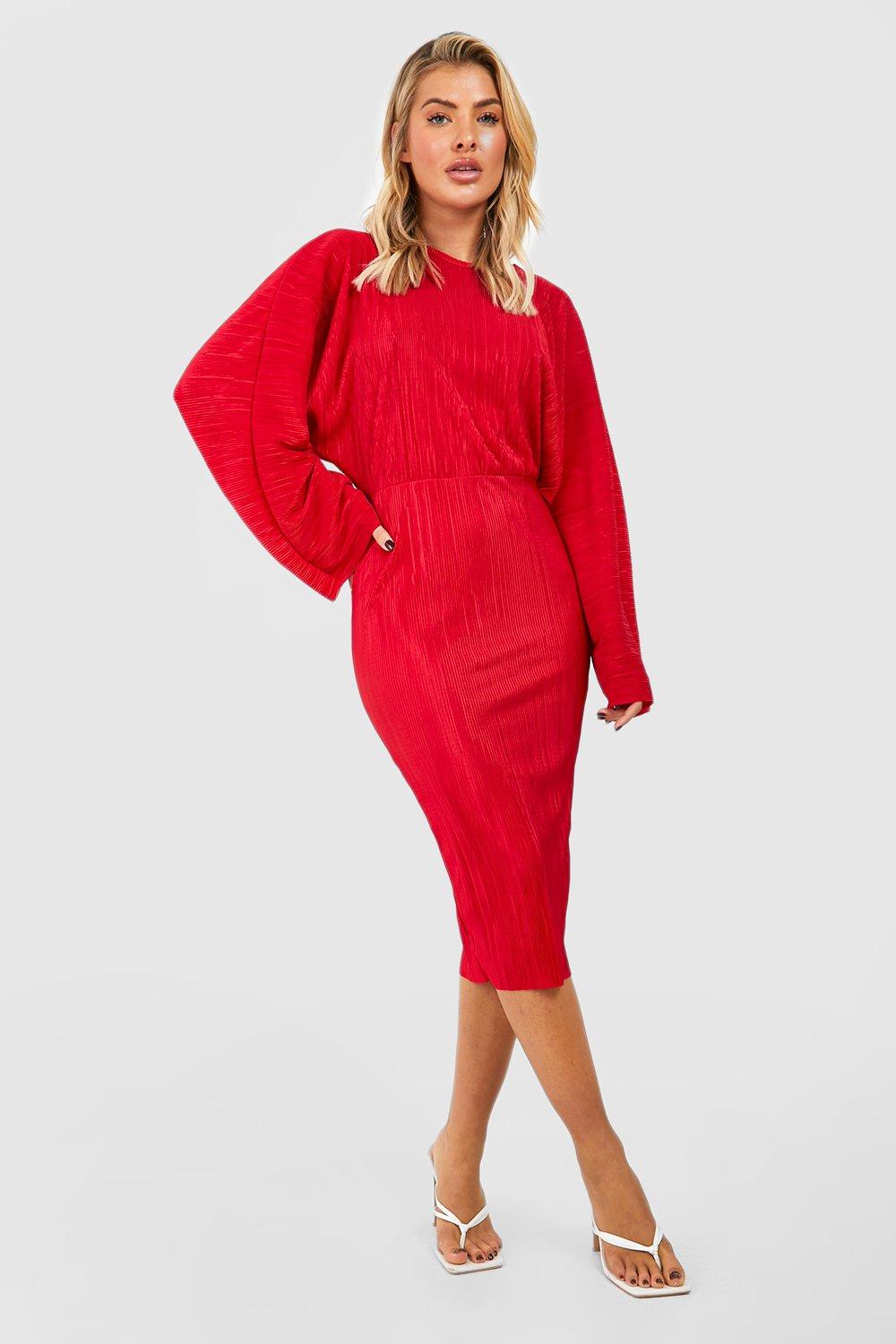 Plisserad Midiklänning Med Fladdermusärm, Red