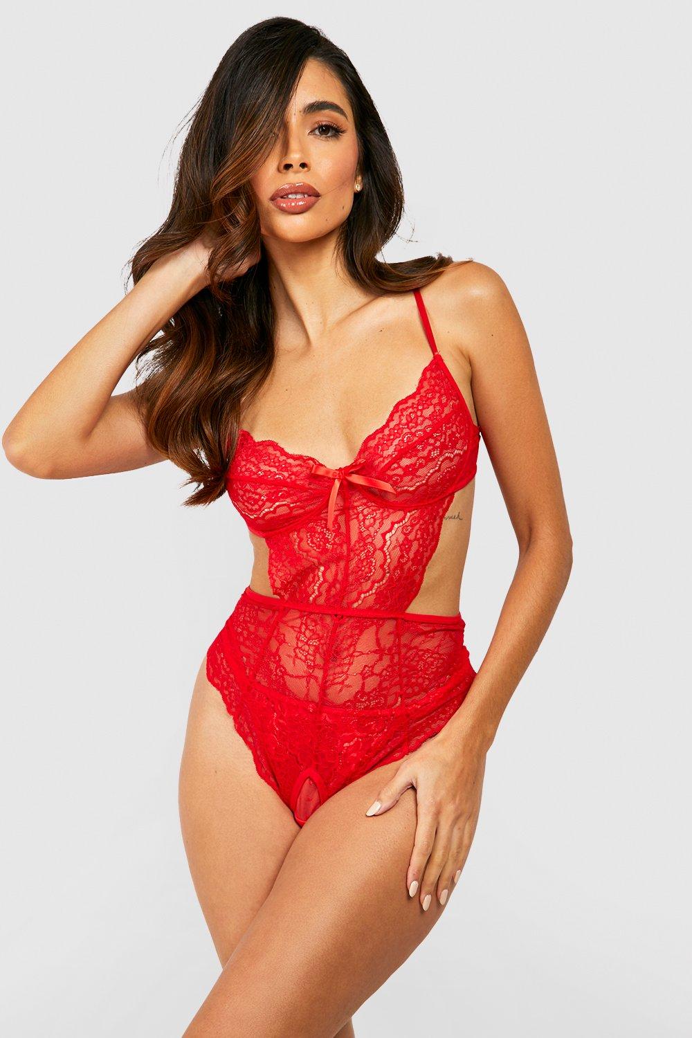 Image of Body in pizzo con cut-out nell'inguine, Rosso