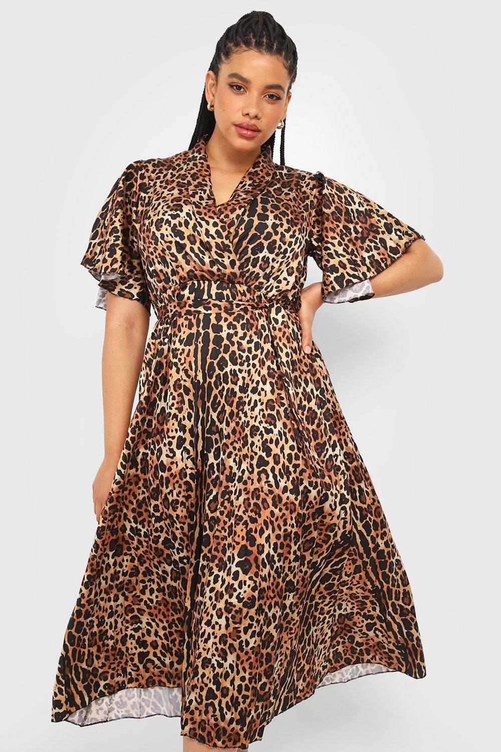 Plus Leopardmönstrad Midiklänning I Satin, Brown