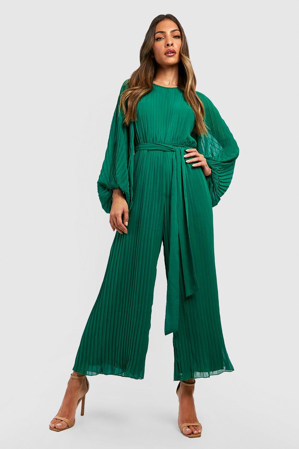 Image of Tuta intera a maniche lunghe con pantaloni culottes e pieghe, Verde