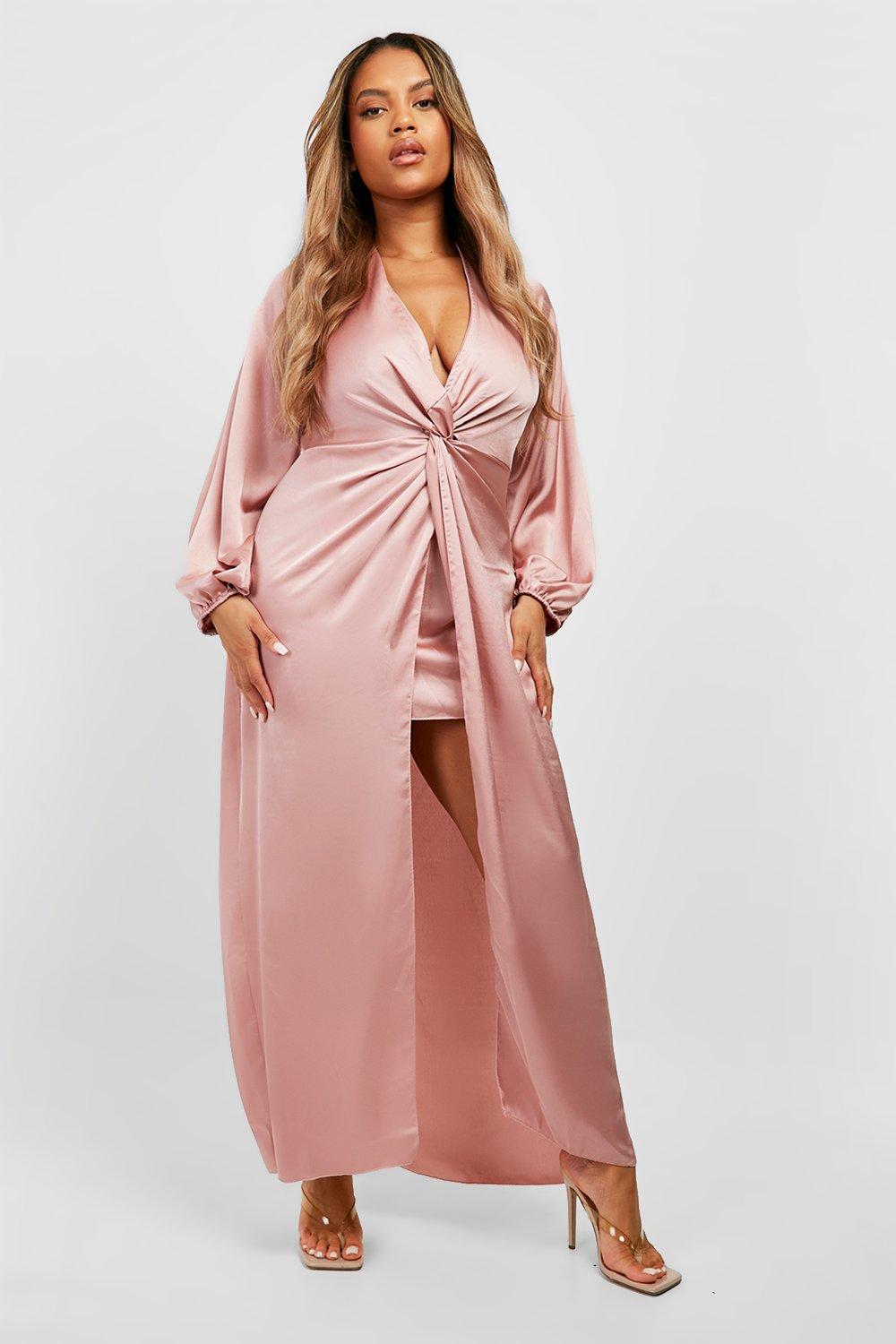 Plus - Långklänning Med Tvinnad Design, Pink