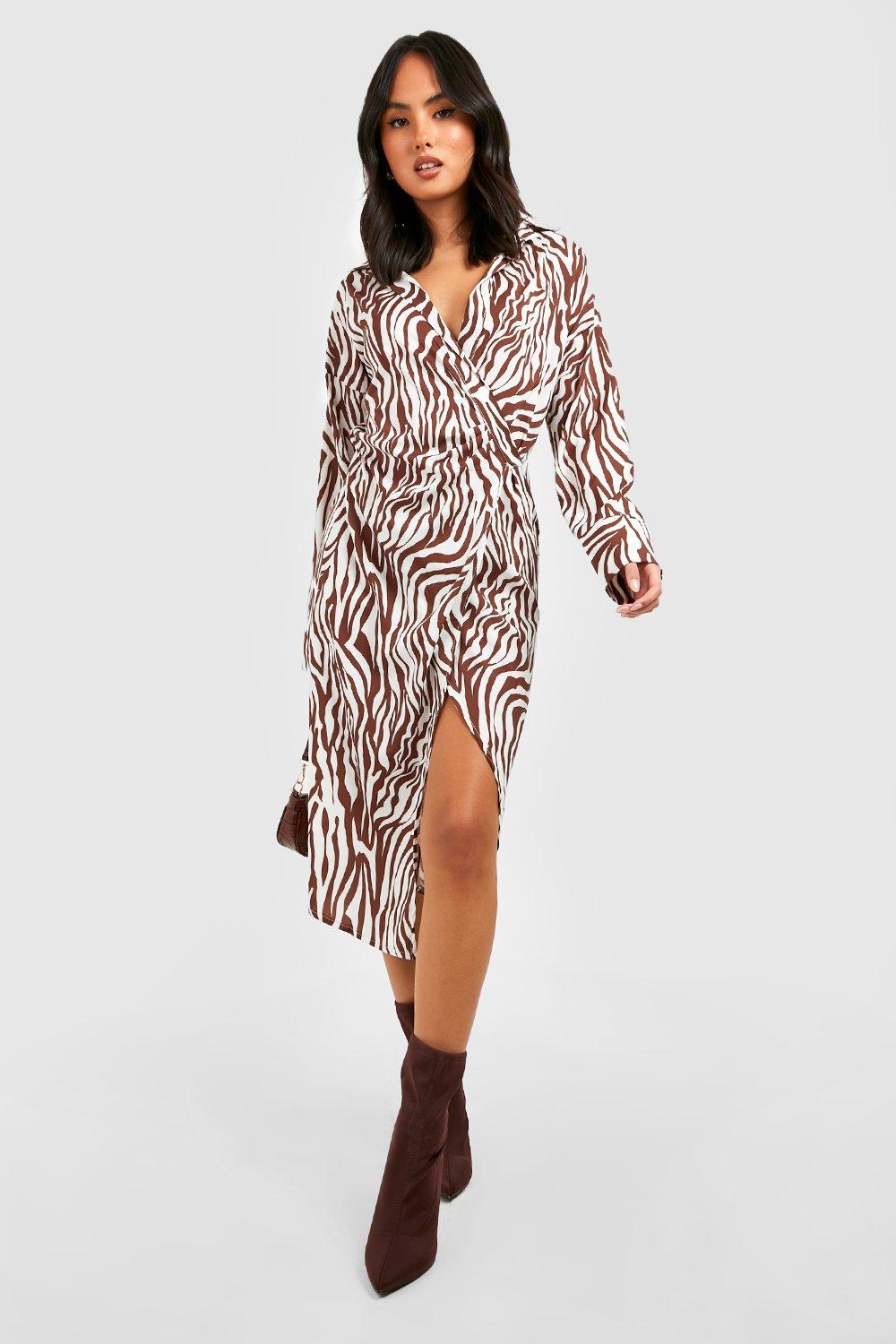 Zebramönstrad Skjortklänning Med Knytdetalj, Brown