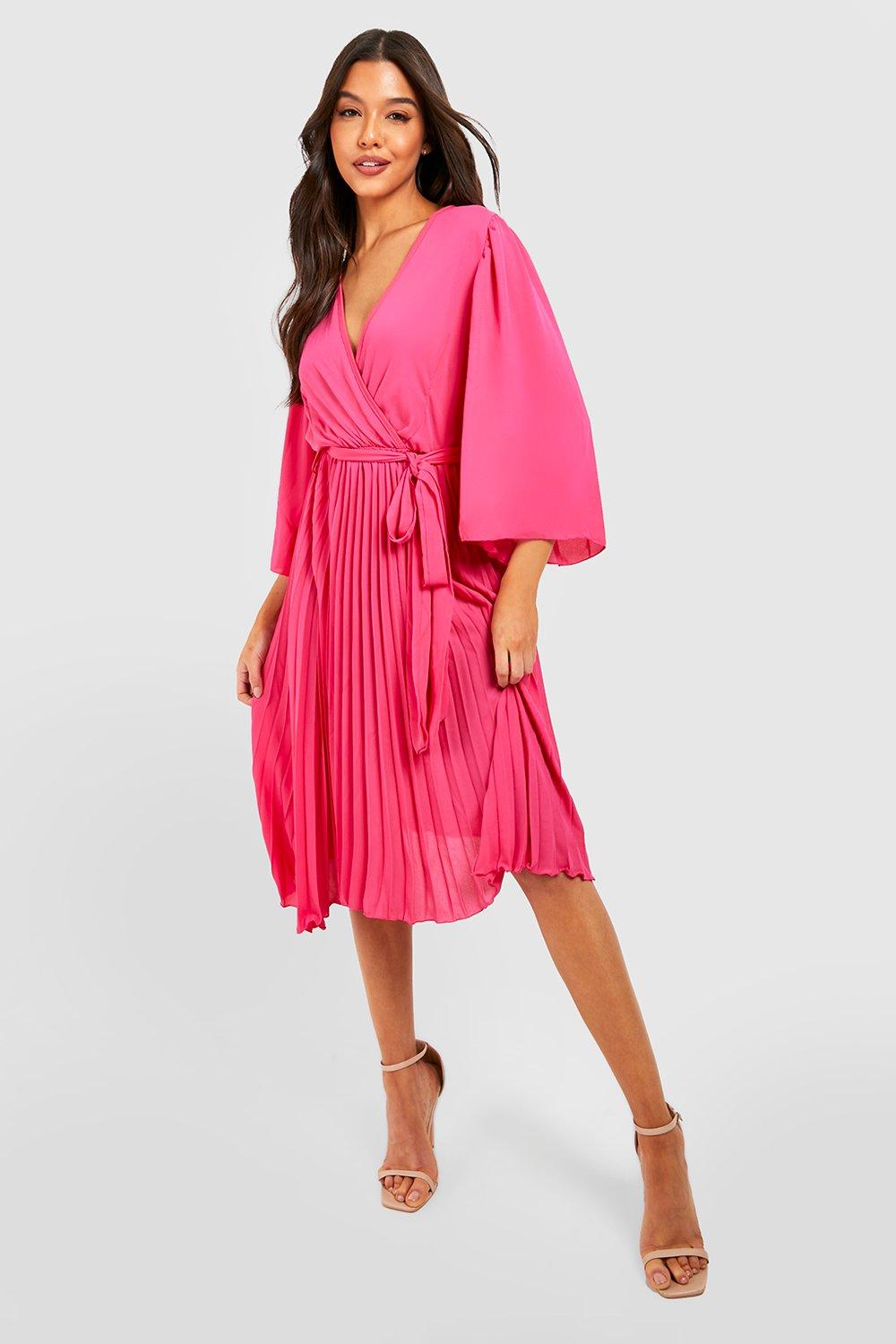 Boohoo Geplooide Chiffon Midi Jurk Met Wijde Mouwen, Hot Pink