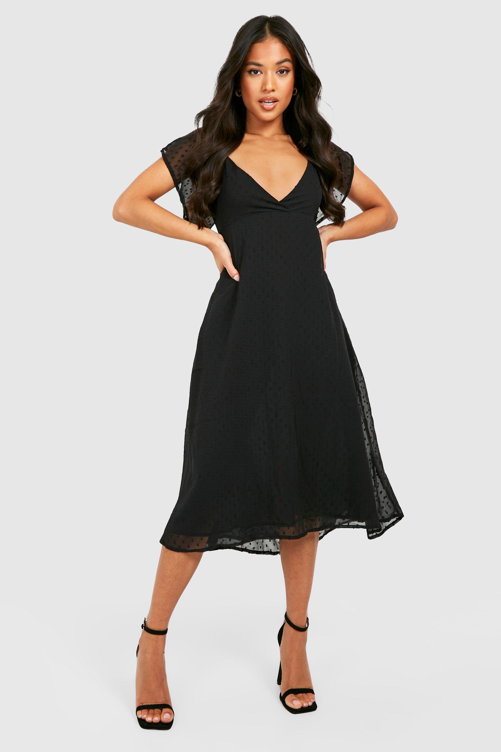 Boohoo Petite Dobby Mesh Midi Jurk Met Engelenmouwen, Black