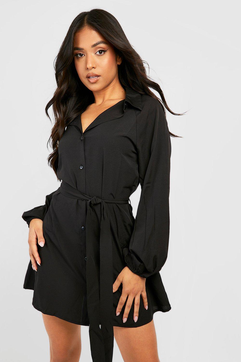 Boohoo Petite Blouse Jurk Met Ceintuur, Black