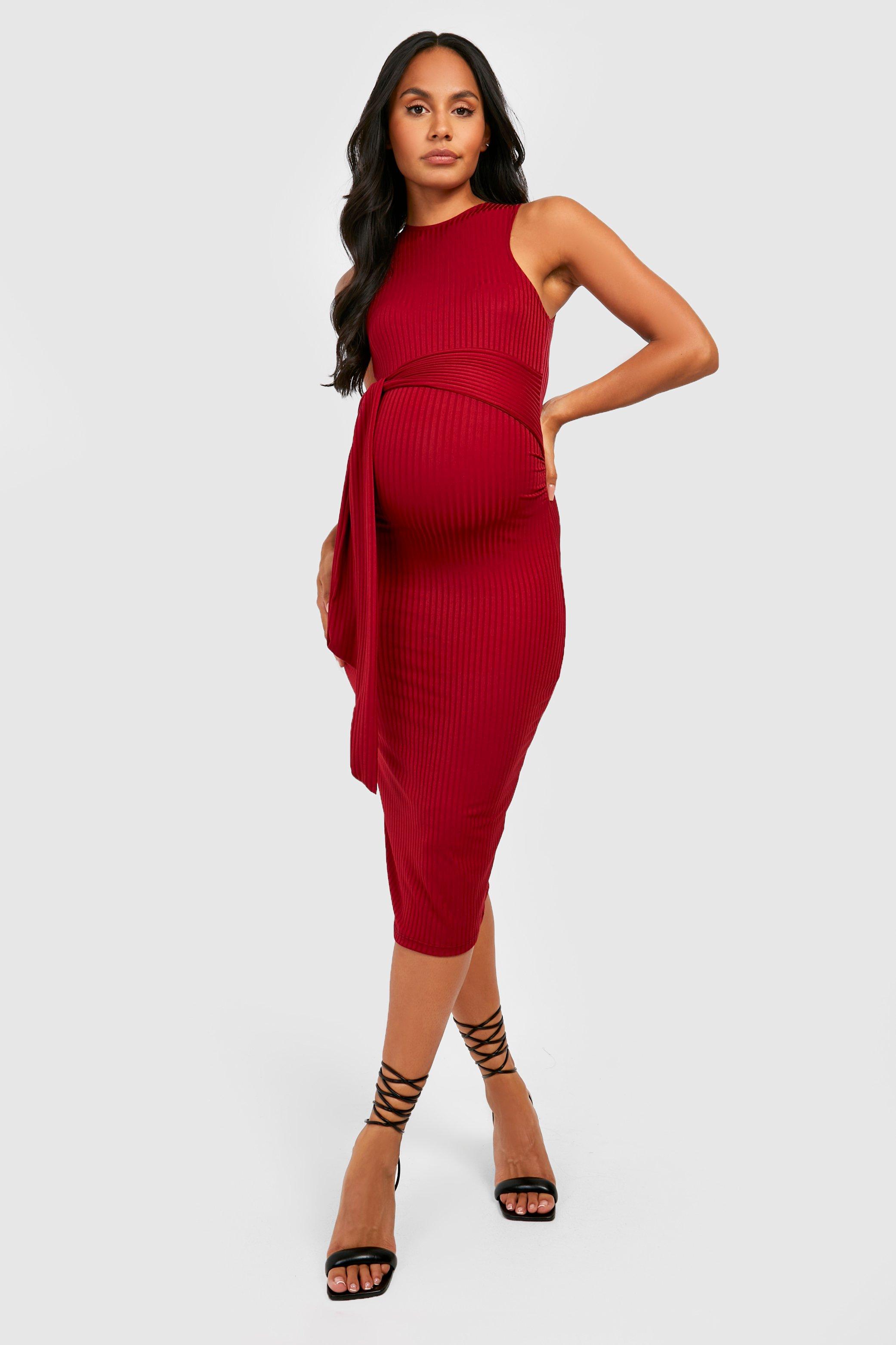Boohoo Zwangerschap Geribbelde Midi Jurk Met Ceintuur, Wine