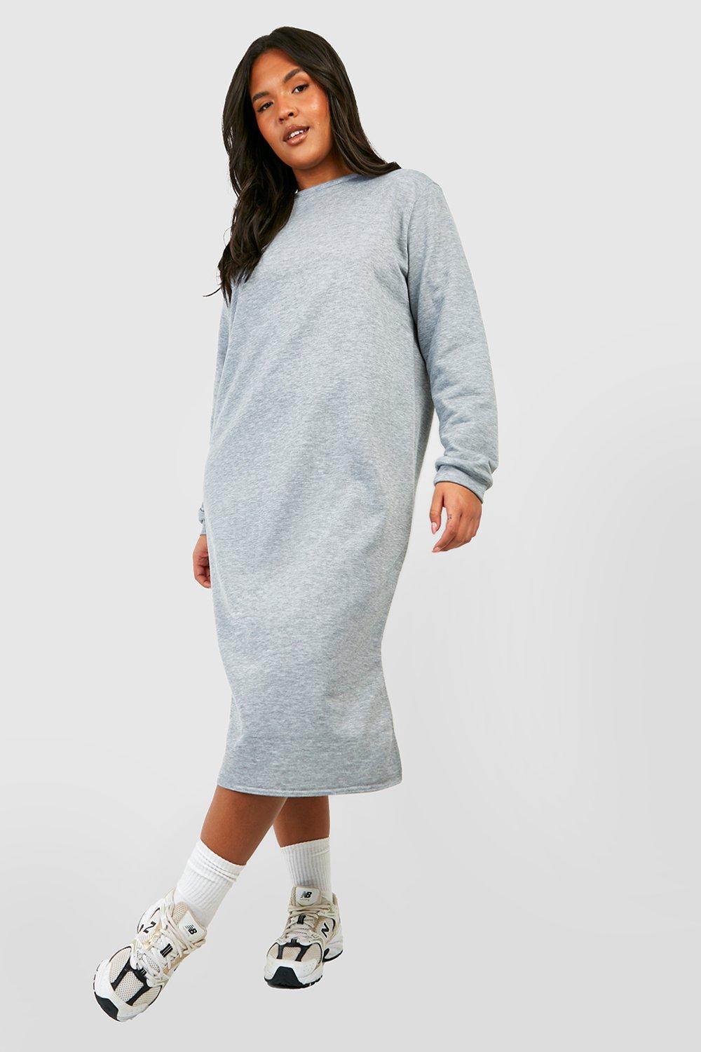 Plus - Oversized Lång Sweatshirtklänning Med Slits, Grey