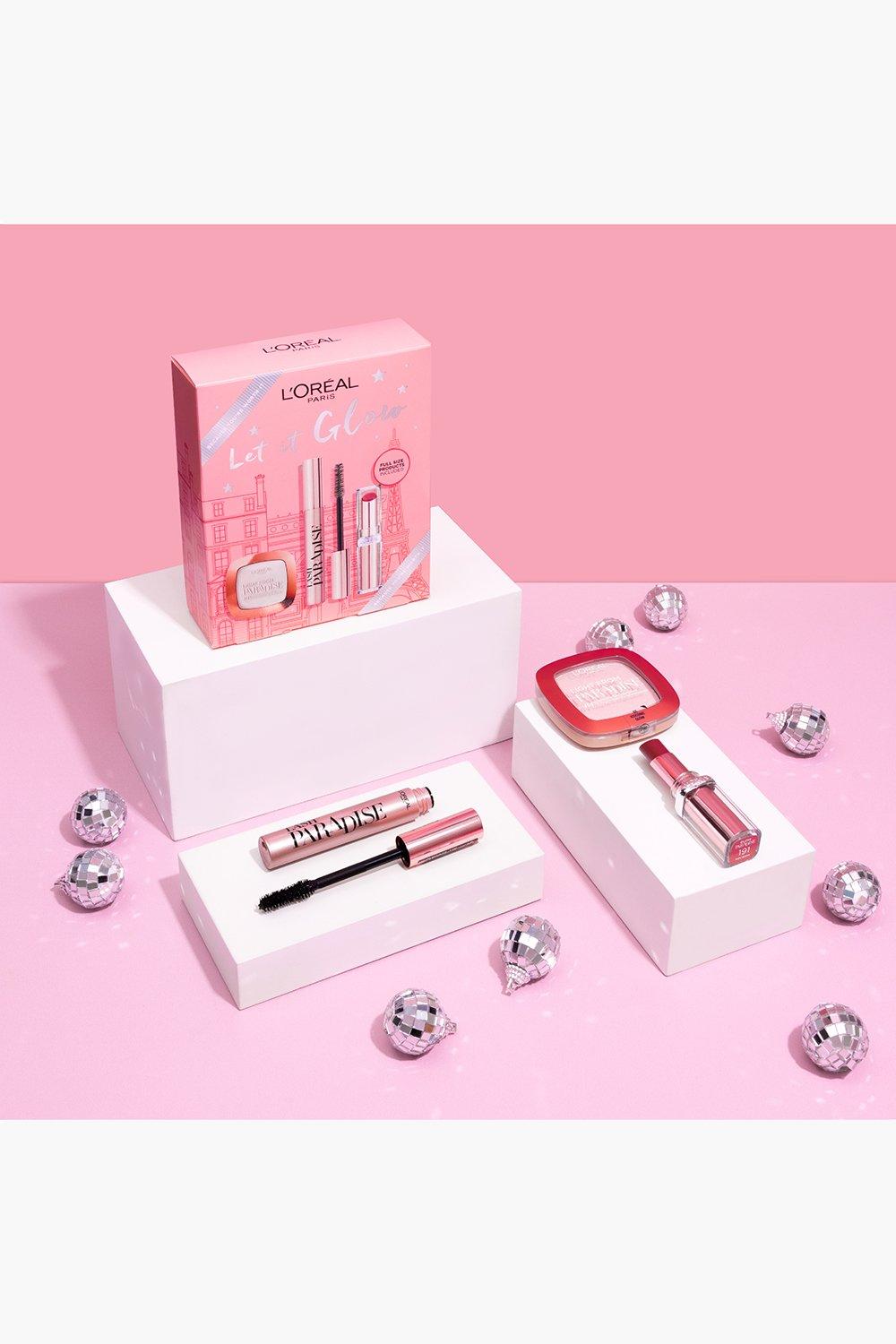 L'Oreal Paris Let It Glow Lipstick, Mascara & Highlighting Powder Trio Geschenkset, Pink