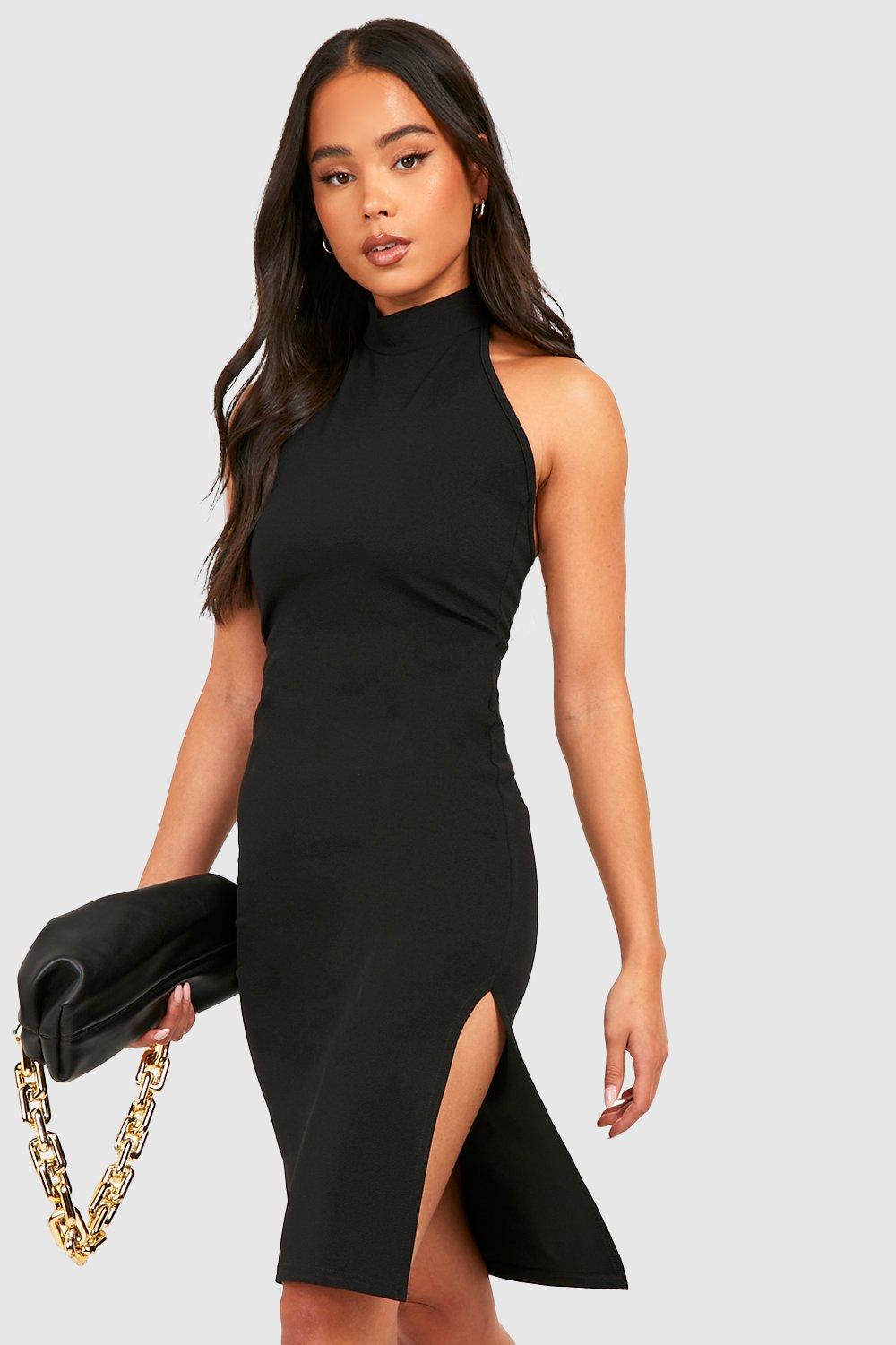 Boohoo Petite Midi Jurk Met Hoge Hals, Open Rug En Split, Black