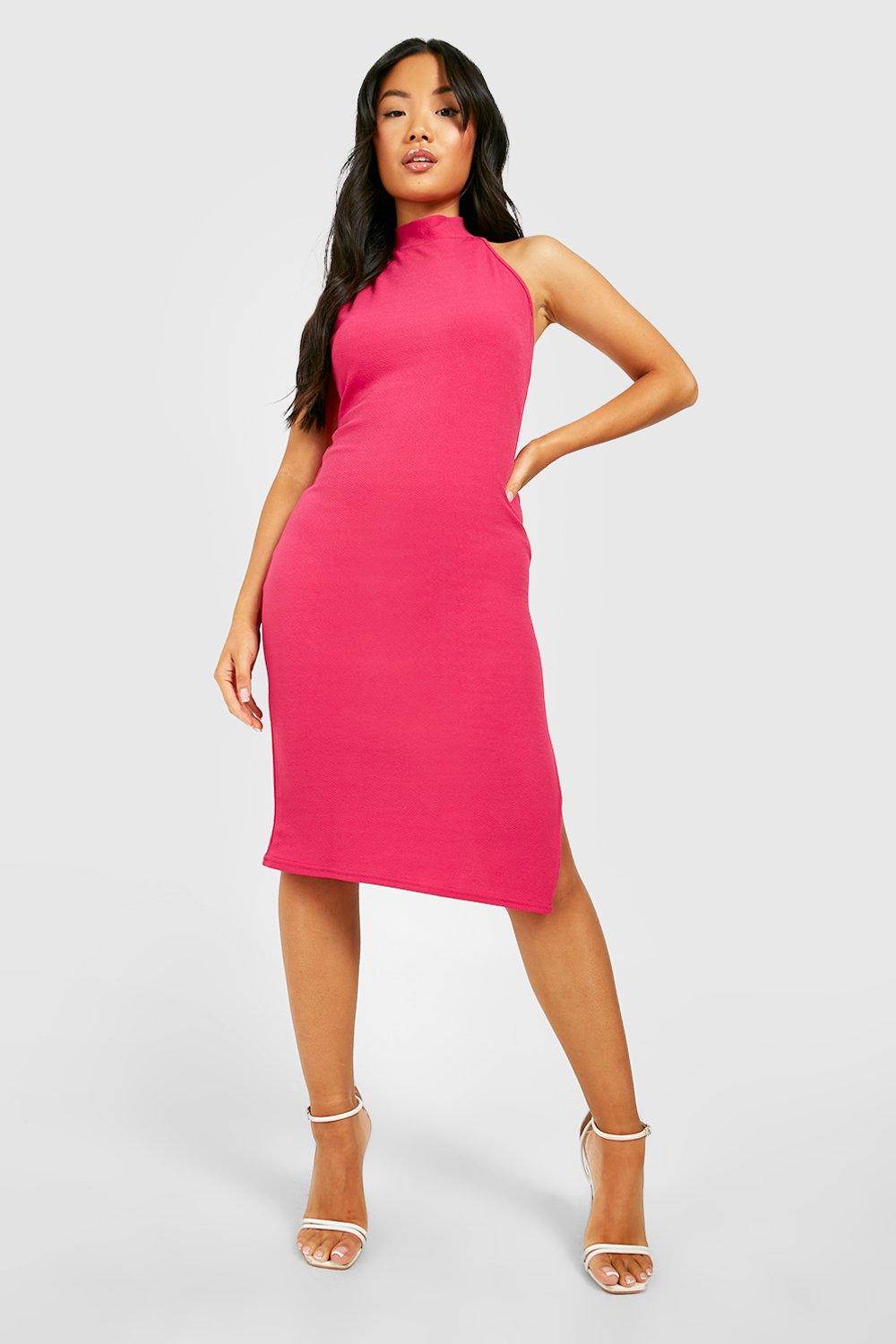 Boohoo Petite Midi Jurk Met Hoge Hals, Open Rug En Split, Hot Pink