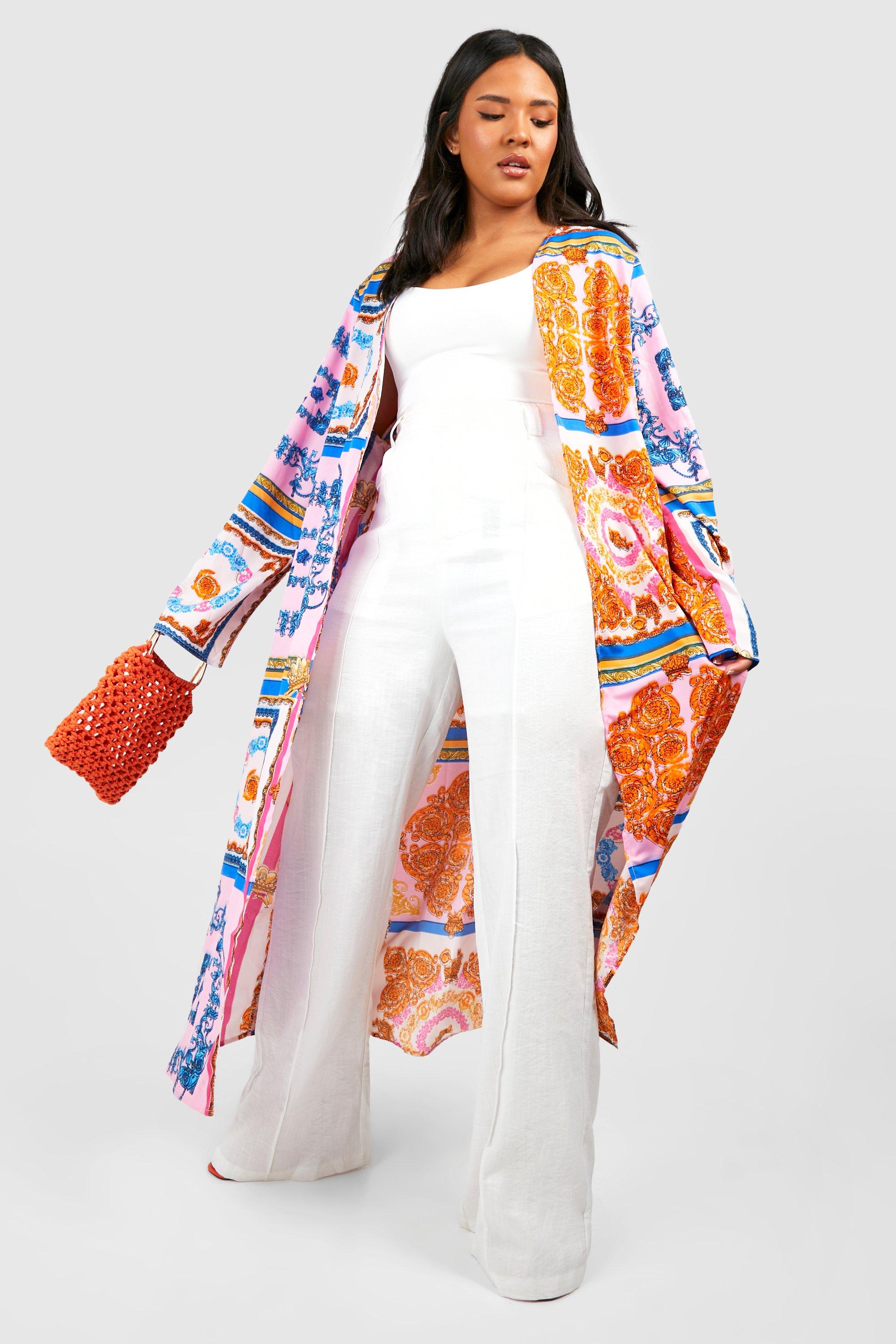 Boohoo Plus Sjaal Print Midi Kimono, Pink