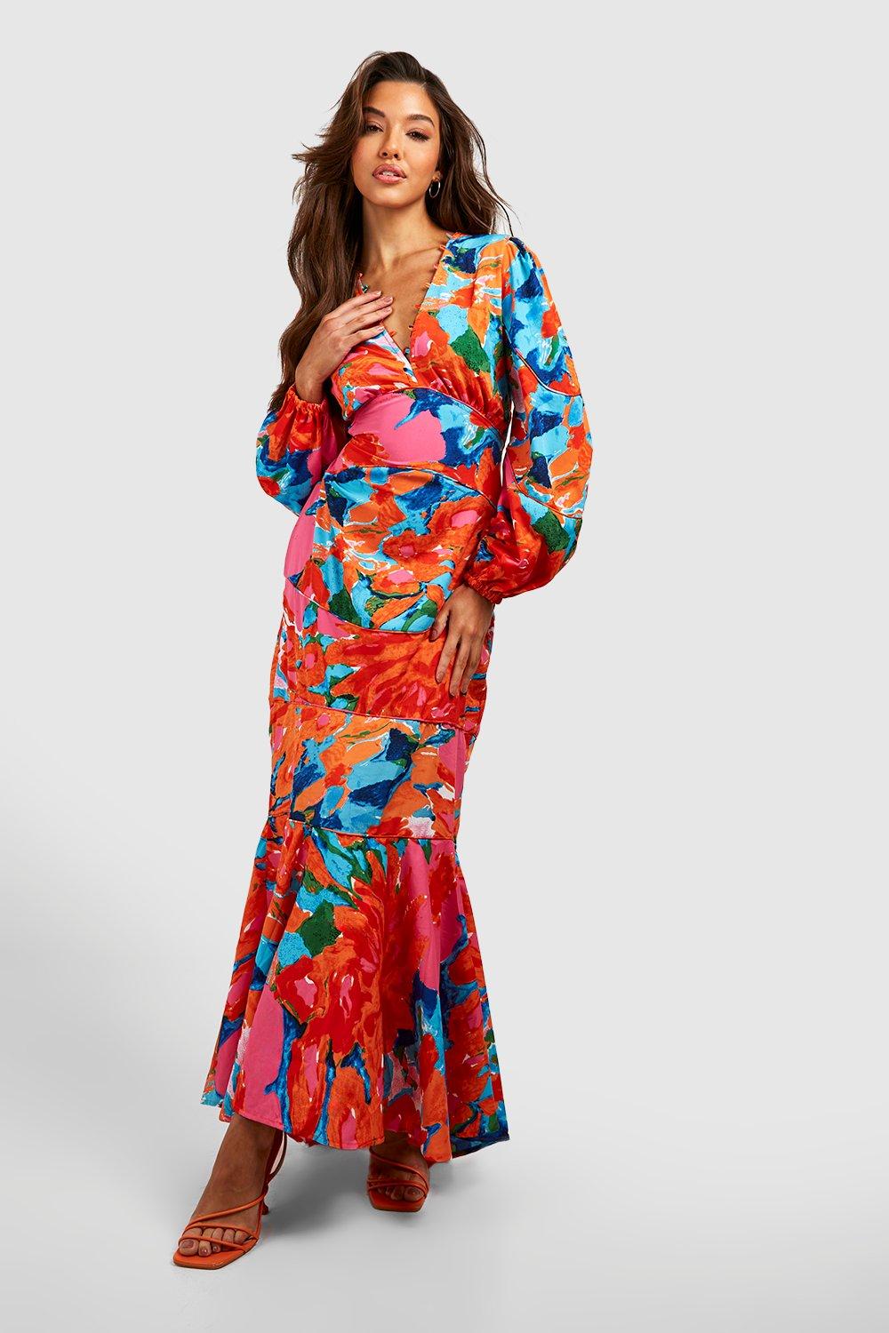 Image of Woven Mix Print Maxi Dress, Arancio