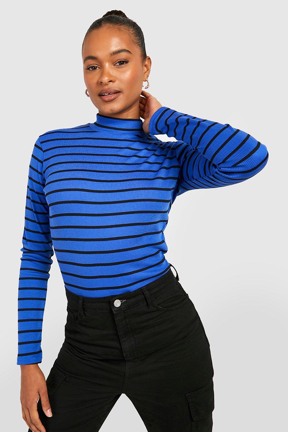 Tall Stripe Knit Rib Longsleeve Funnel Neck Sweater, Blue