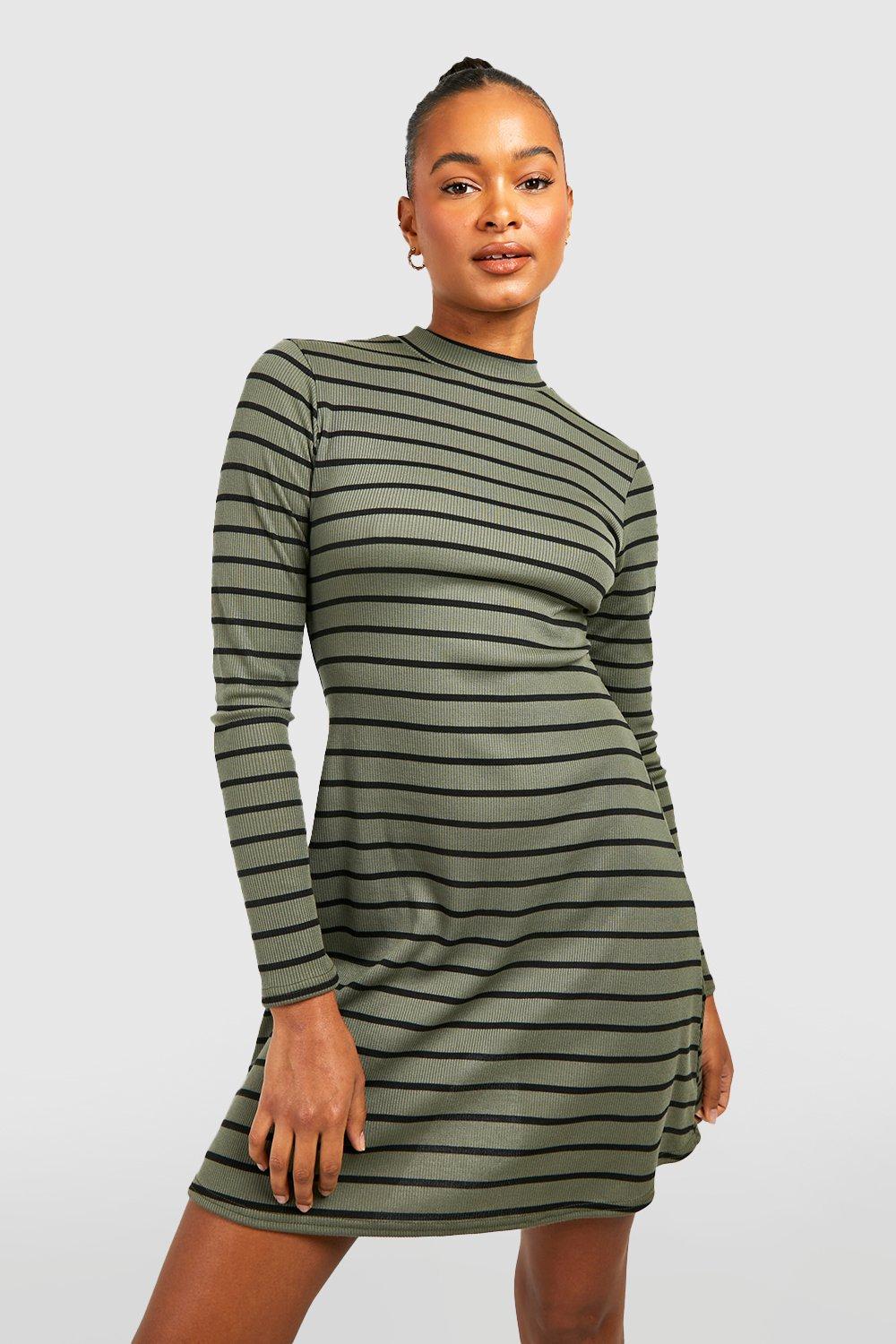 Tall Stripe Knit Rib Longsleeve Funnel Neck Skater Dress, Green