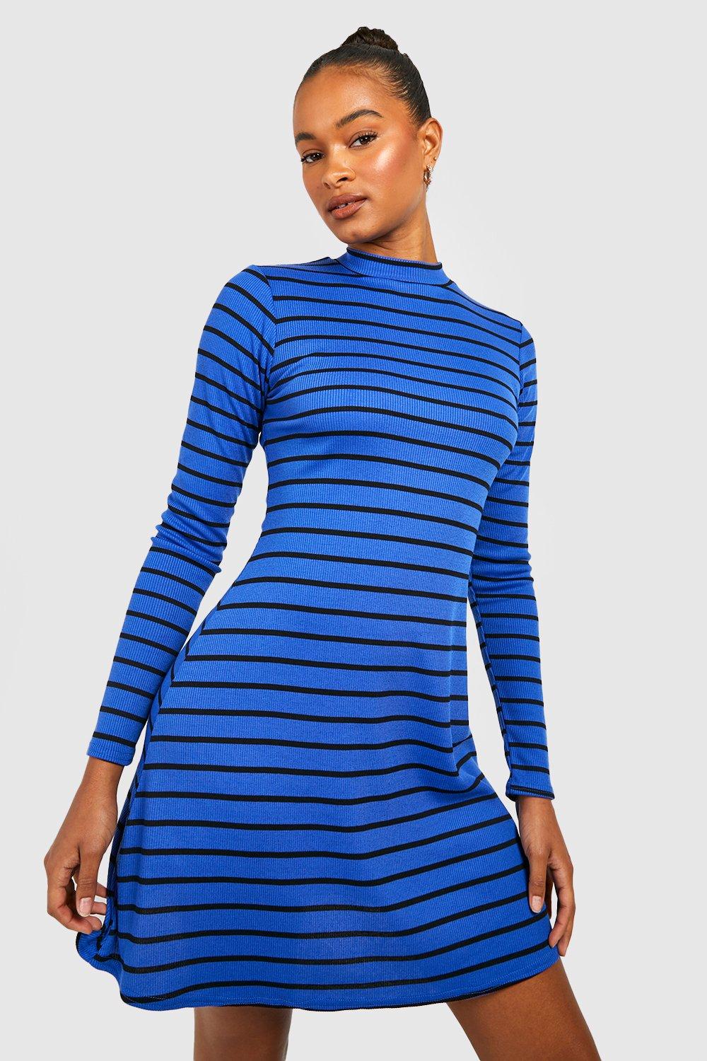 Tall Stripe Knit Rib Longsleeve Funnel Neck Skater Dress, Blue