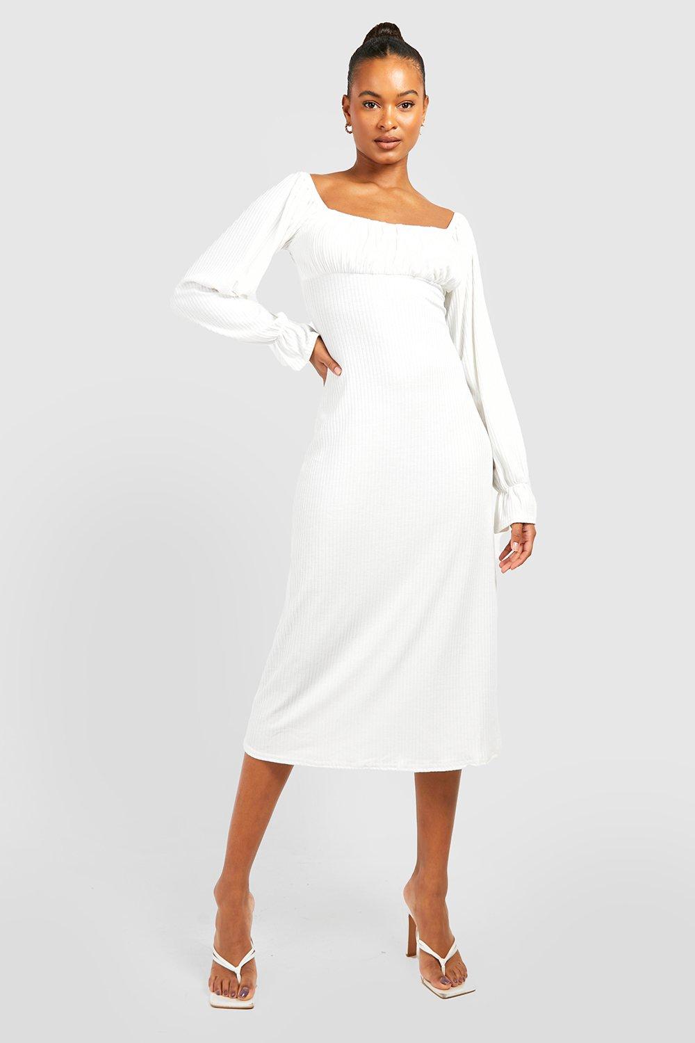 Tall Mjuk Ribbad Långärmad Midiklänning, White