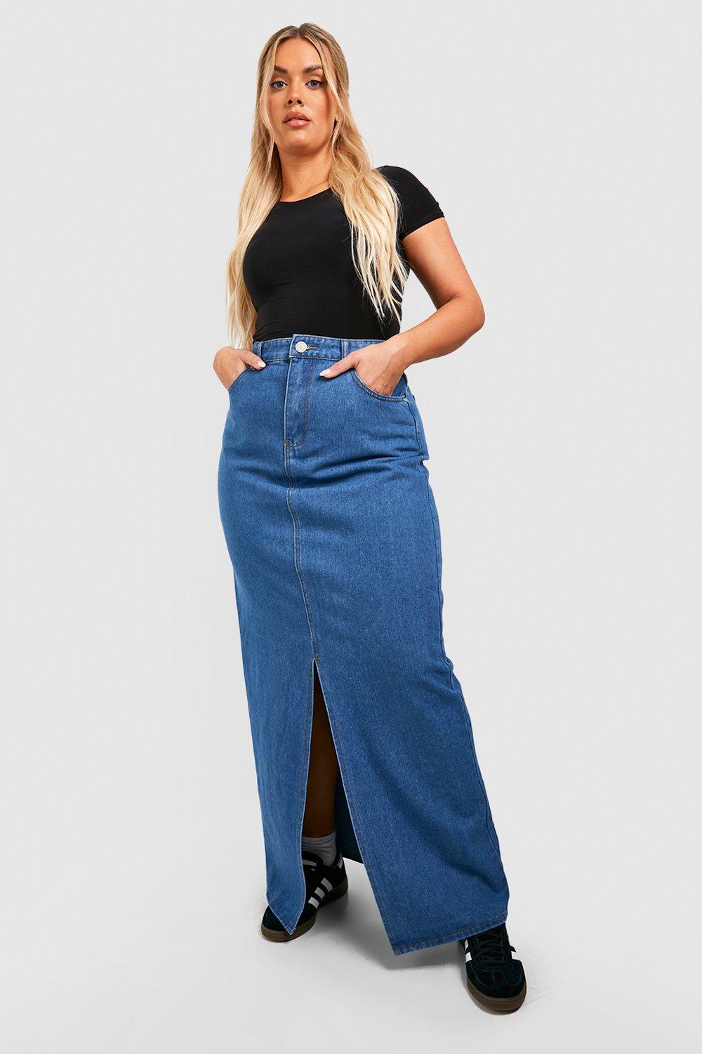 Image of Plus Denim Split Front Maxi Skirt, Azzurro