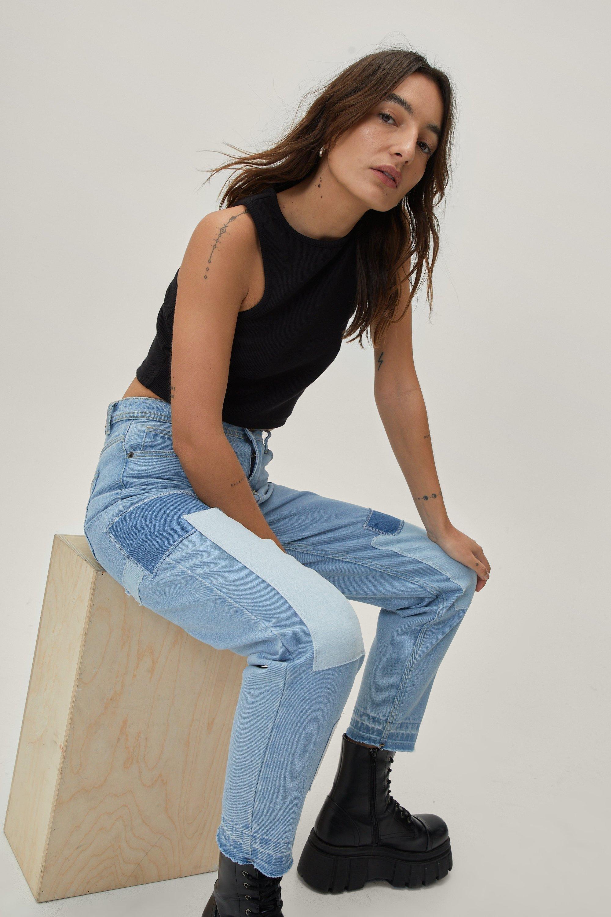 Boohoo Petite Duurzame Mom Jeans Met Patches, Mid Blue