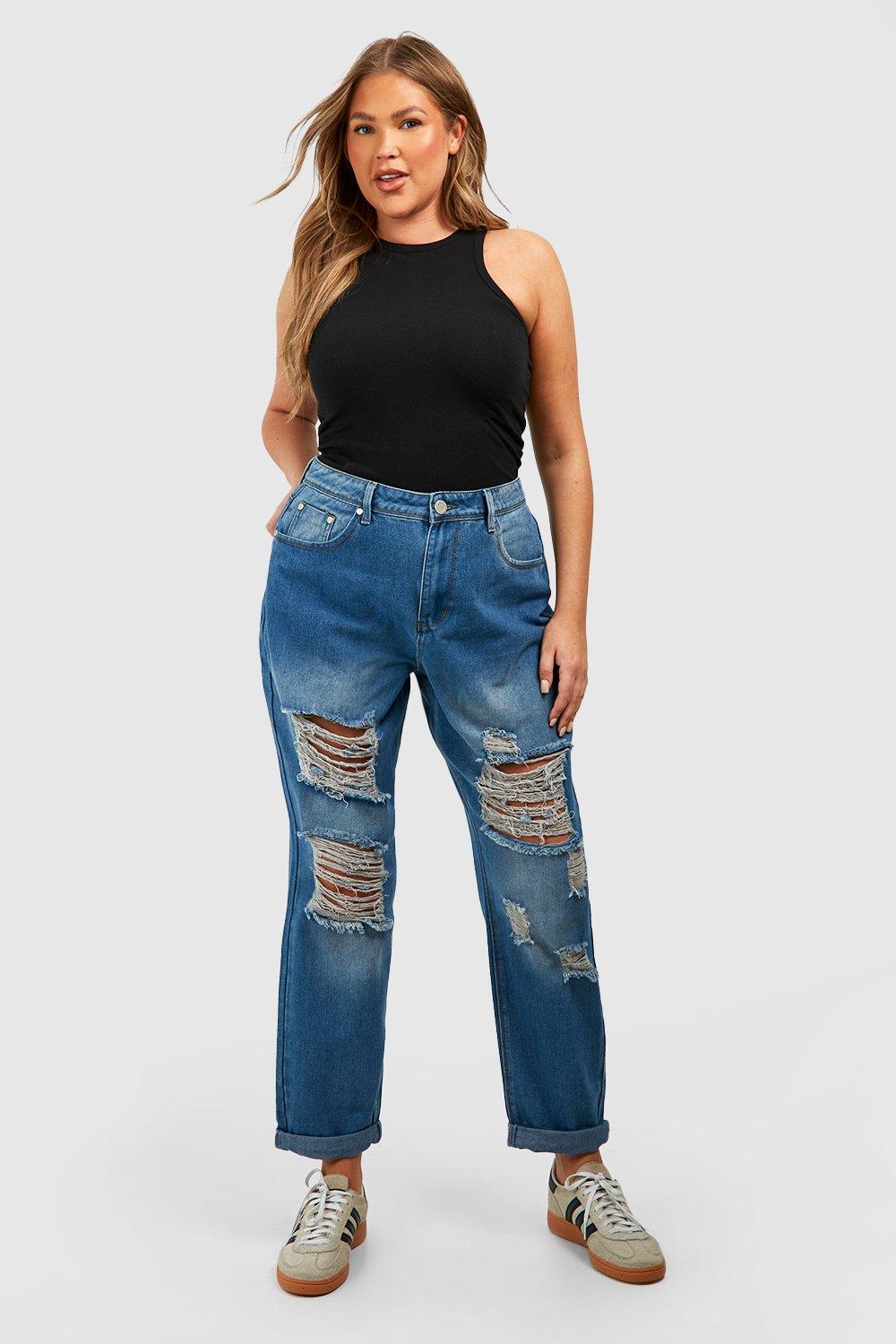 Image of Jeans Mom Plus Size con strappi all over, Azzurro
