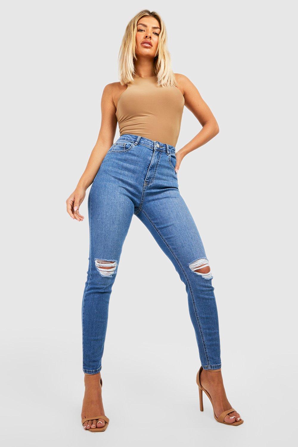 Boohoo Gescheurde High Waist Booty Boost Skinny Jeans, Mid Wash