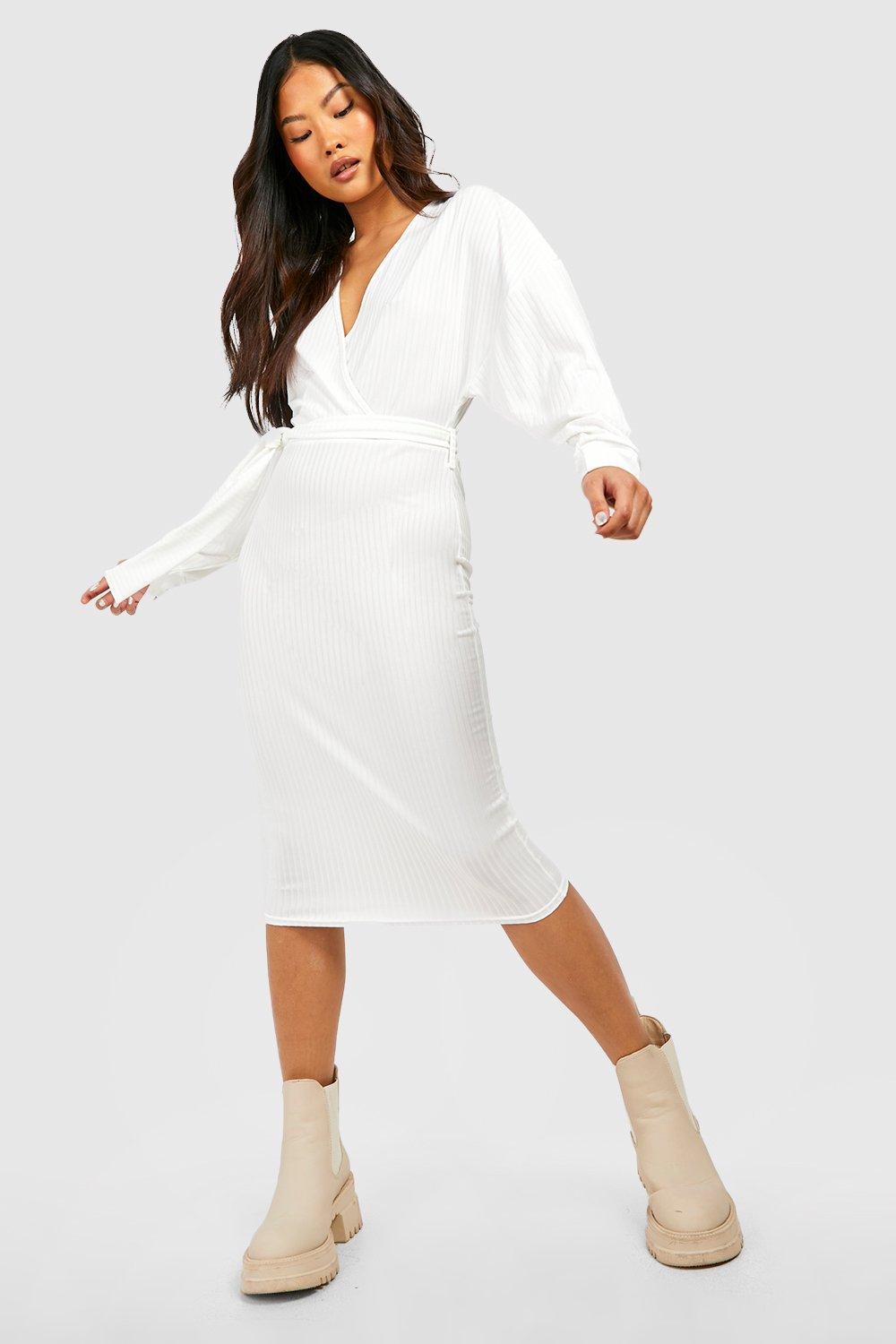 Boohoo Petite Jumbo Geribbelde Midi Jurk Met Vleermuismouwen En Ceintuur, Ecru