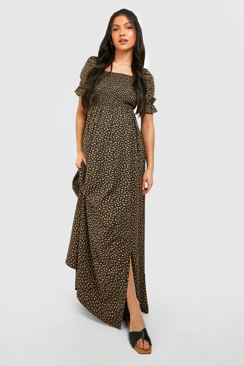 Boohoo Zwangerschap Bloemen Maxi Jurk Met Vierkante Hals, Black
