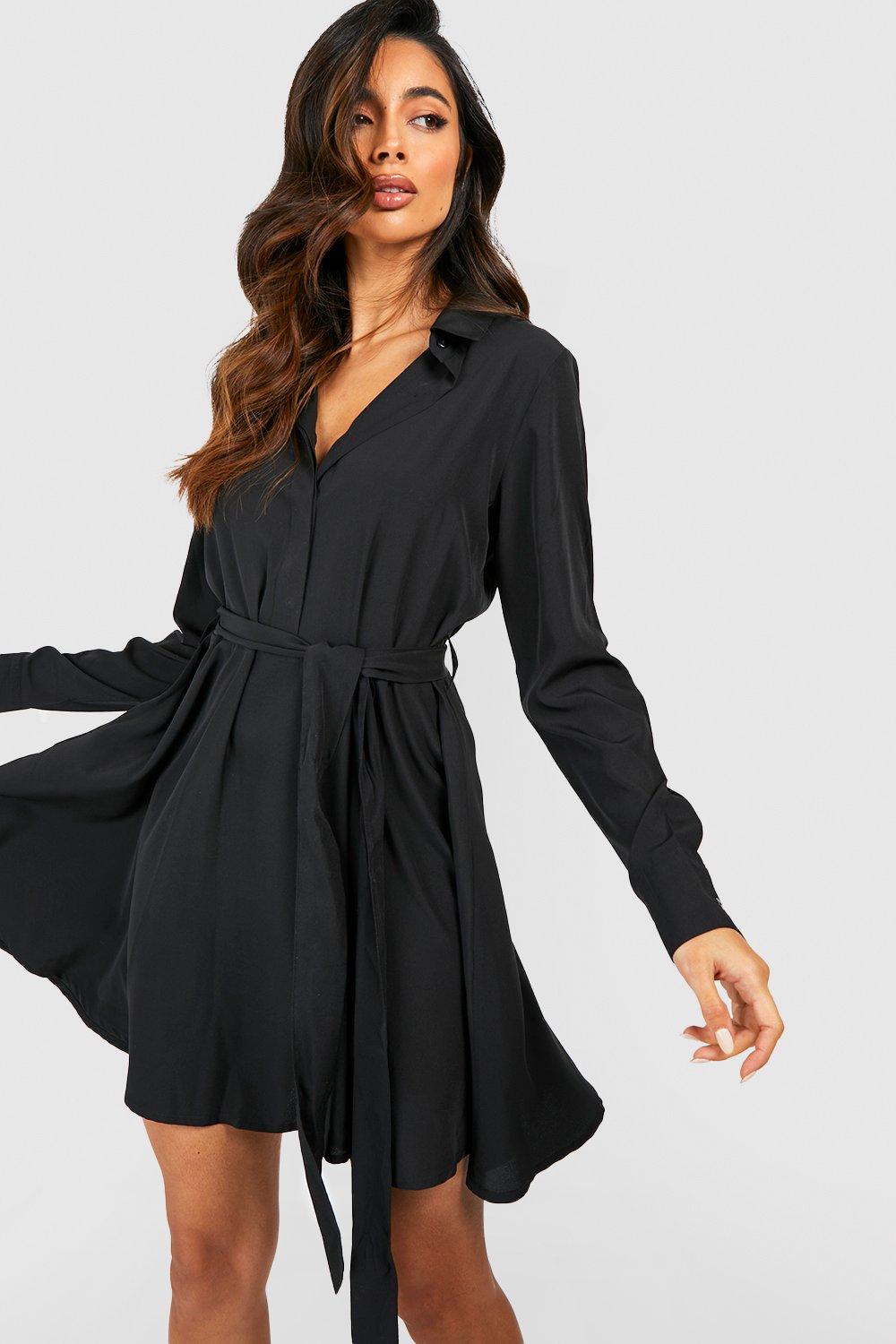 Tie Detail Skater Shirt Dress, Nero