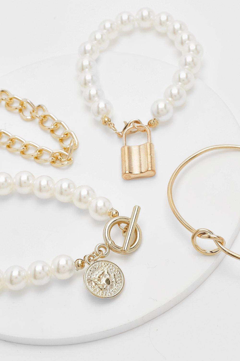 Image of Bracciali con perle e lucchetto - set di 2 paia, Metallics