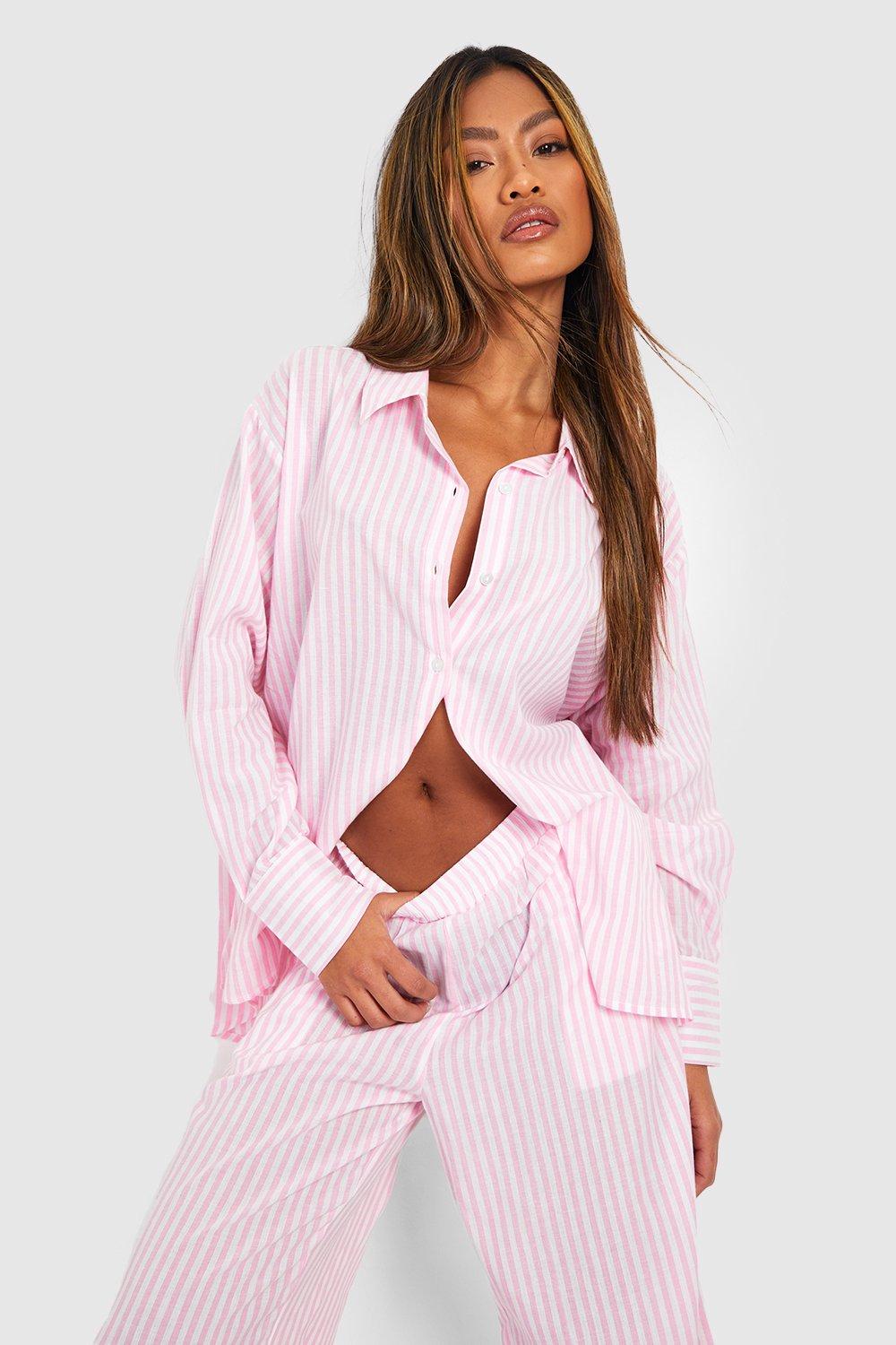 Image of Camicia pigiama oversize in cotone a righe verticali, Pink