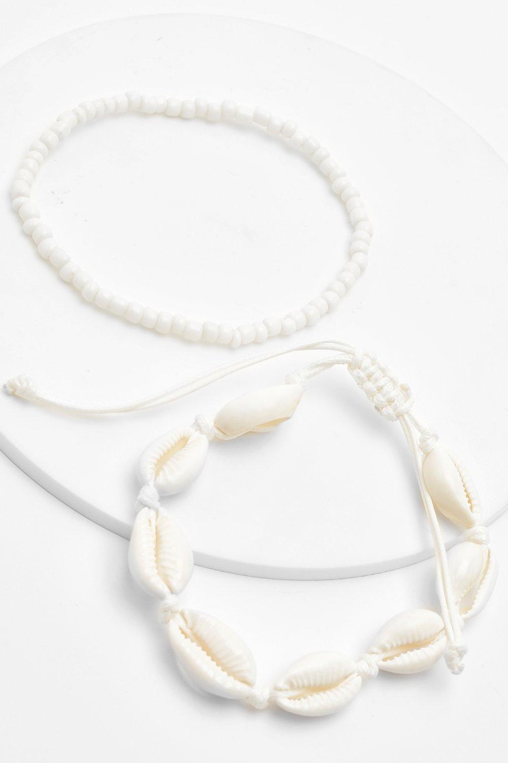 Image of Set di cavigliere con perline e conchiglie, Bianco