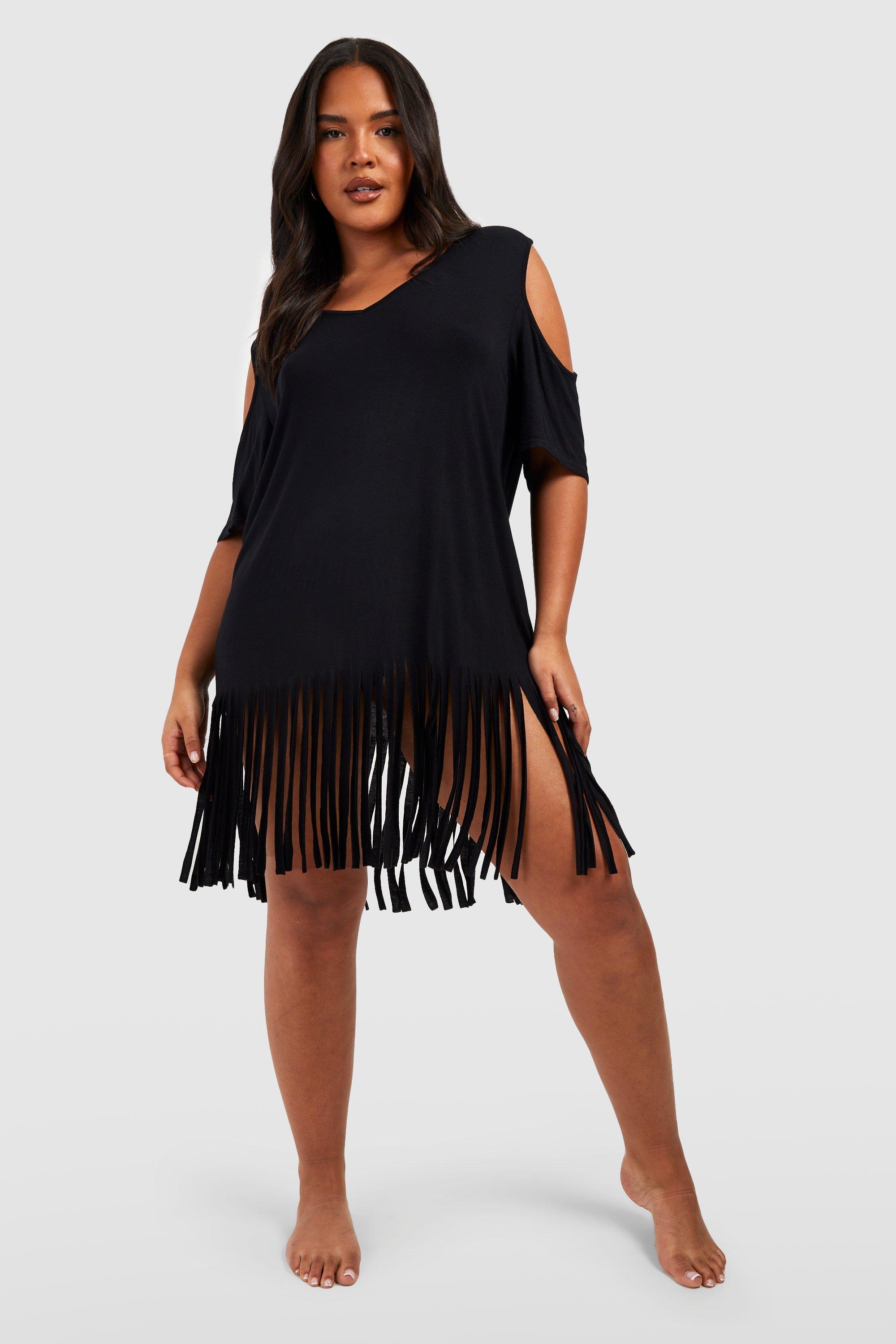 Boohoo Plus Strand Jurk Met Uitgesneden Schouders, Uitsnijding En Kwastjes, Black