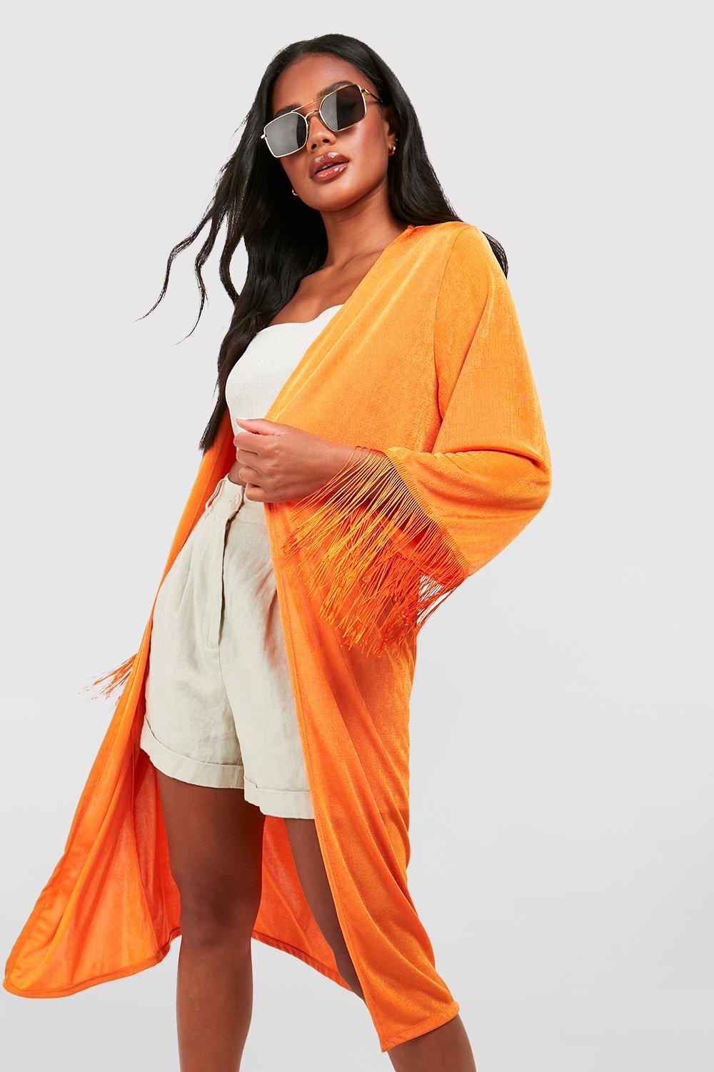 Boohoo Strakke Acetate Kimono Met Franjes Mouwen, Orange