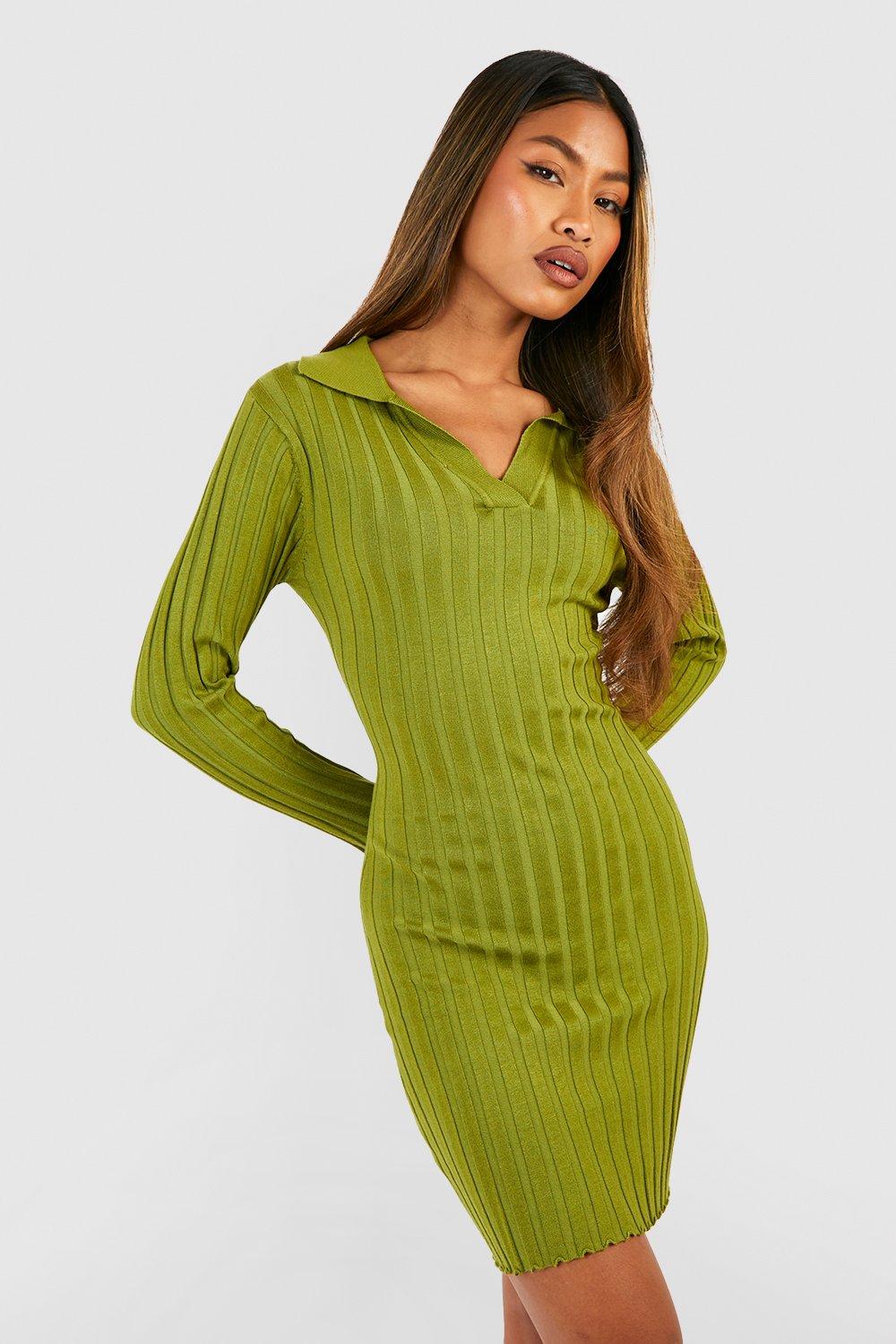 Boohoo Geribbelde Gebreide Jurk Met Polo Kraag, Olive