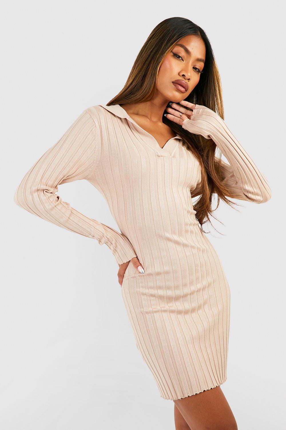 Boohoo Geribbelde Gebreide Jurk Met Polo Kraag, Stone
