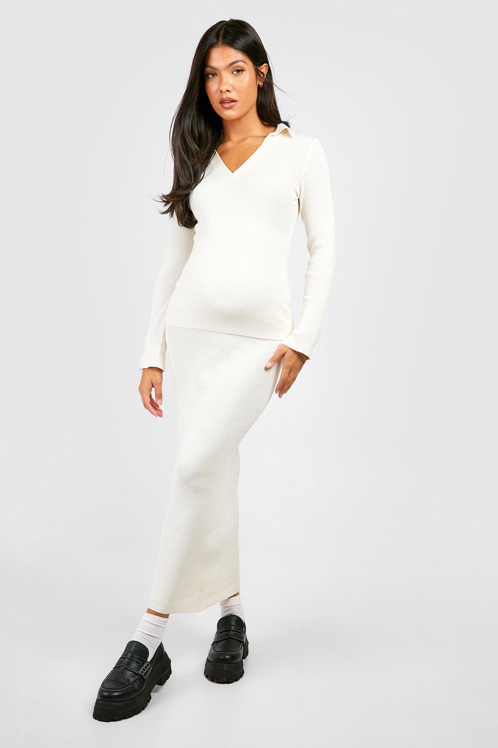 Boohoo Zwangerschap Geribbelde Gebreide Top Met Polo Kraag En Maxi Rok Set, Ecru