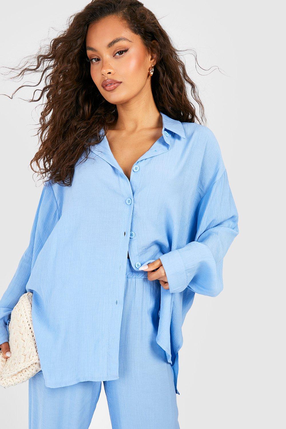 Womens Crinkle Relaxed Fit Shirt - Blue - 10, Blue