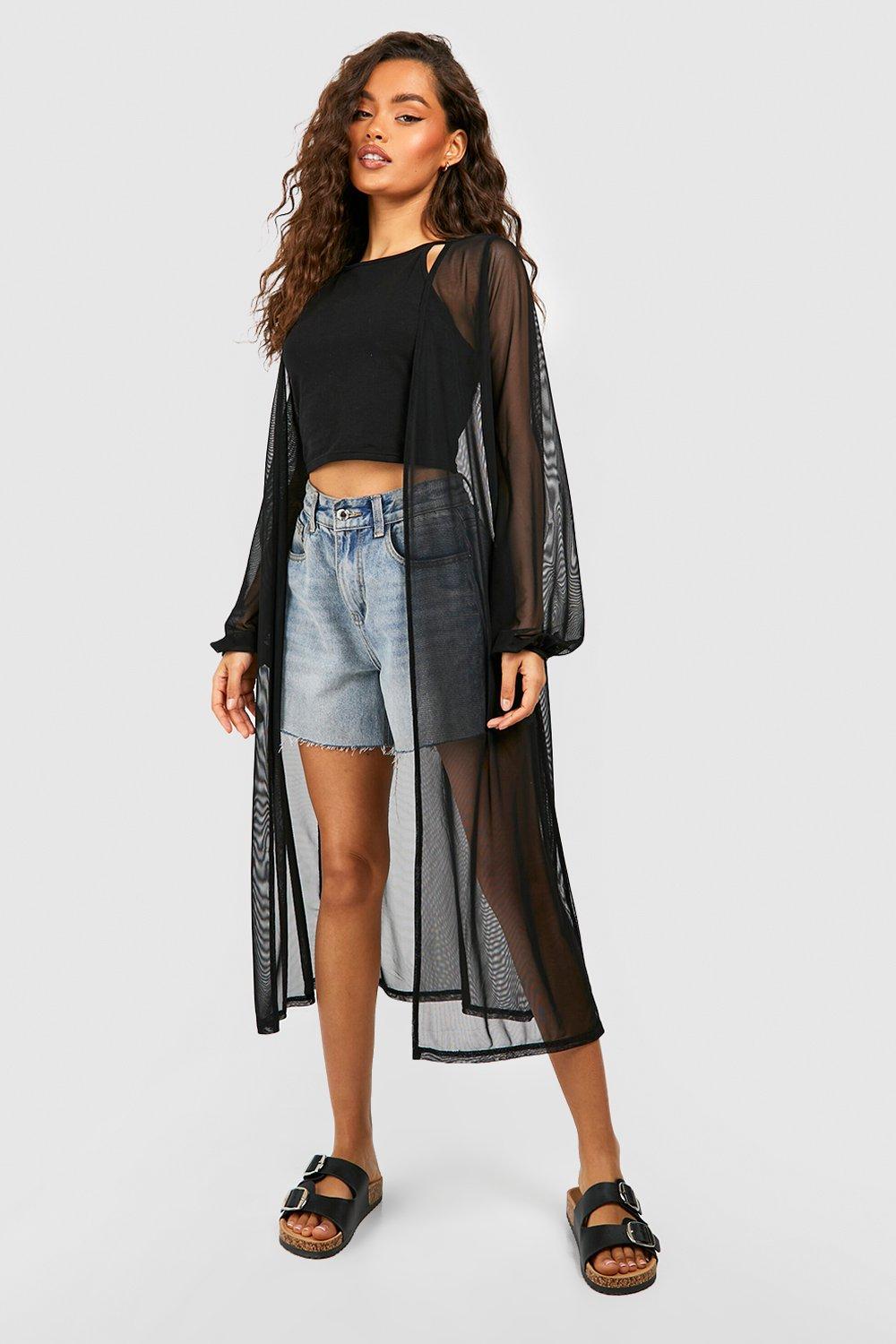 Boohoo Lange Mesh Kimono Met Ballonmouwen, Black
