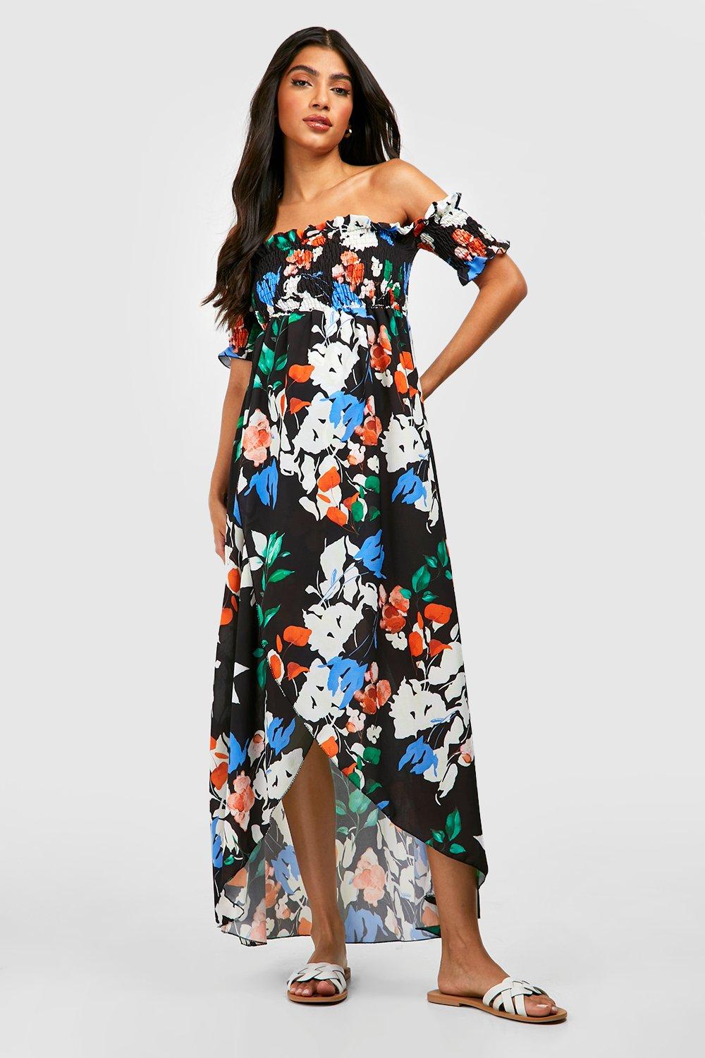 Boohoo Zwangerschap Geplooide Off Shoulder Bloemen Maxi Jurk, Black