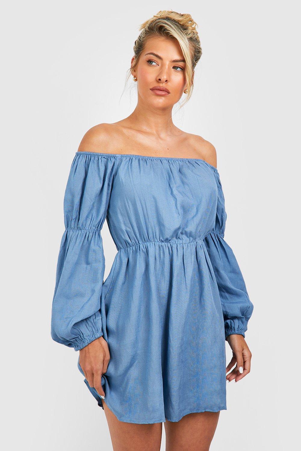 Linen Bardot Voluminous Sleeve Mini Beach Dress - Blue - 18 product