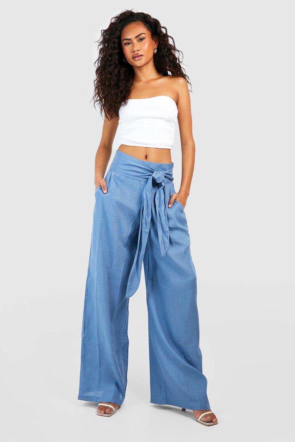 Linen High Waisted Belted Wide Leg Pants - Blue - 16 product