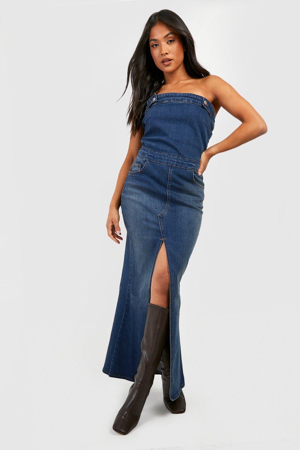 Boohoo Petite Strapless Maxi Spijkerjurk Met Voorsplit, Vintage Wash