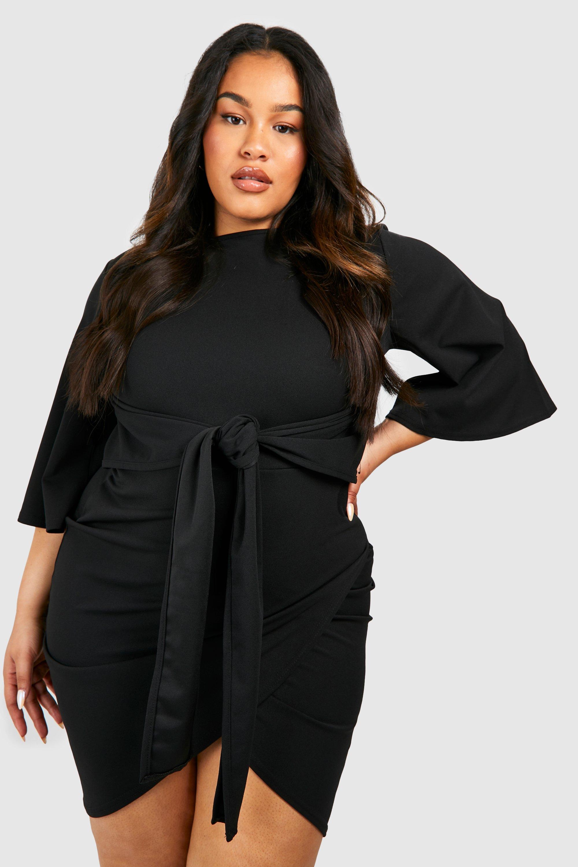 Boohoo Plus Wikkeljurk Met Kimono Mouwen En Ceintuur, Black