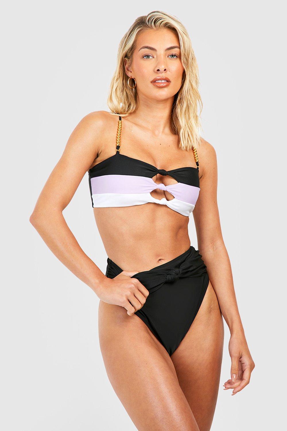 Boohoo Colour Block Beaded Knot Bikini Set, Black