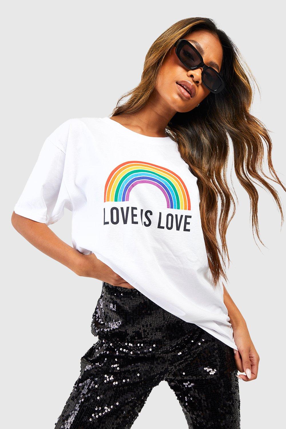 Image of T-shirt oversize con stampa Love Is Love in colori arcobaleno, Bianco