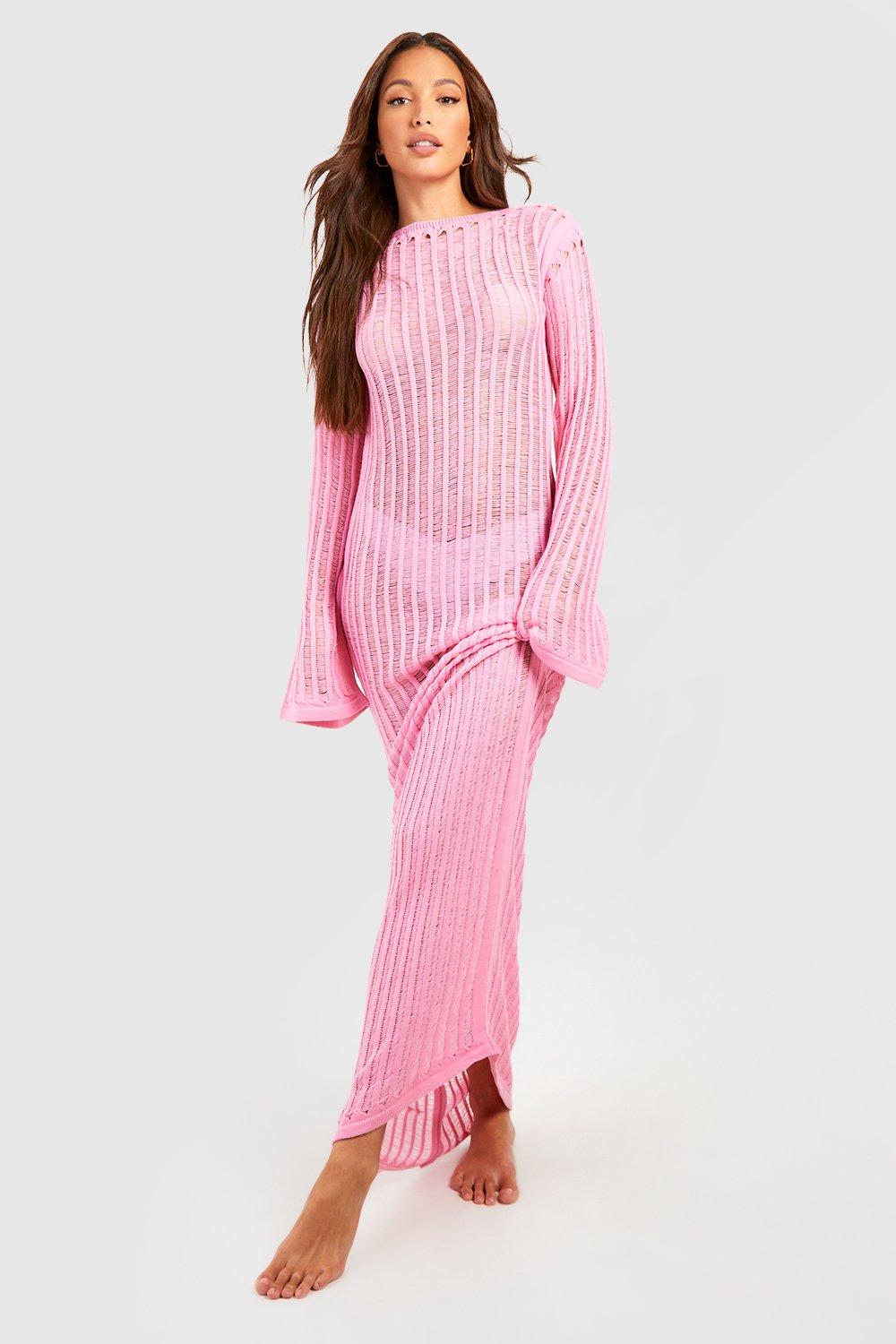 Boohoo Tall Gebreide Maxi Strand Jurk, Pink