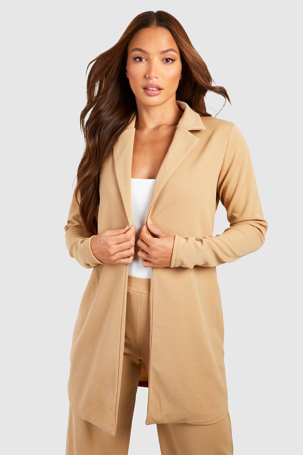 Boohoo Tall Getailleerde Basic Jersey Long Line Blazer, Camel