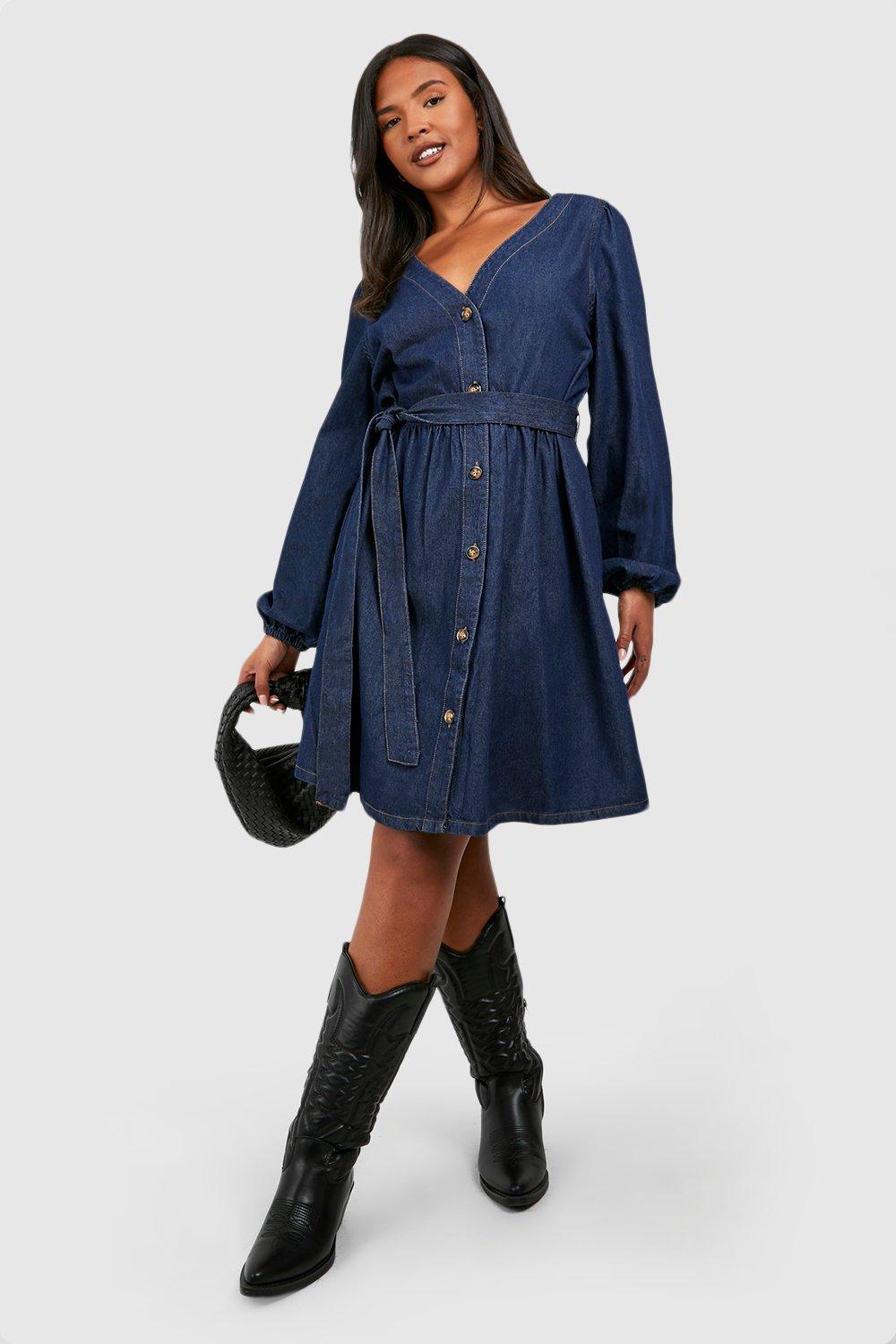 Boohoo Plus Skater Spijkerjurk Met Ceintuur, Indigo