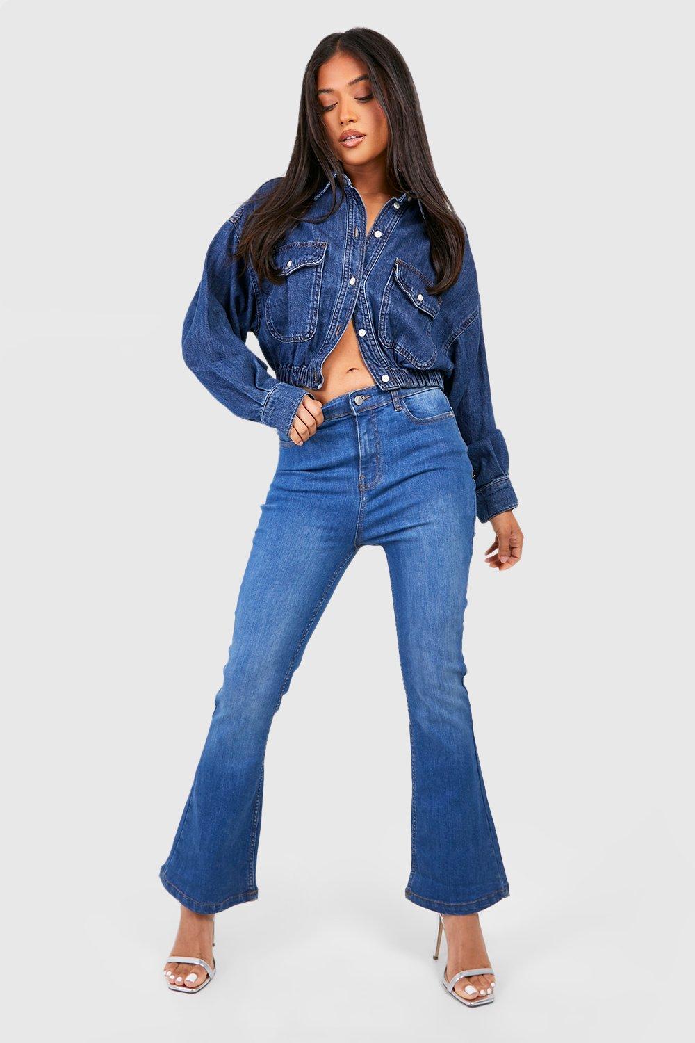 Boohoo Petite Middelblauwe Flared High Waist Skinny Jeans 28', Mid Blue
