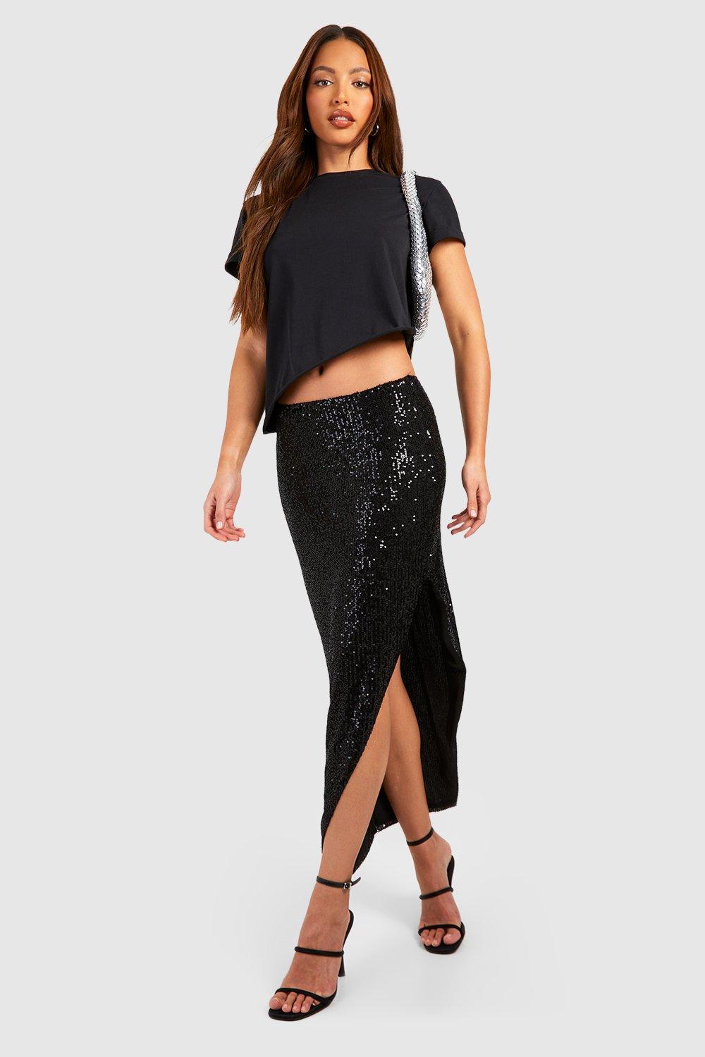 Boohoo Tall Sequin Wrap Midaxi Skirt, Black