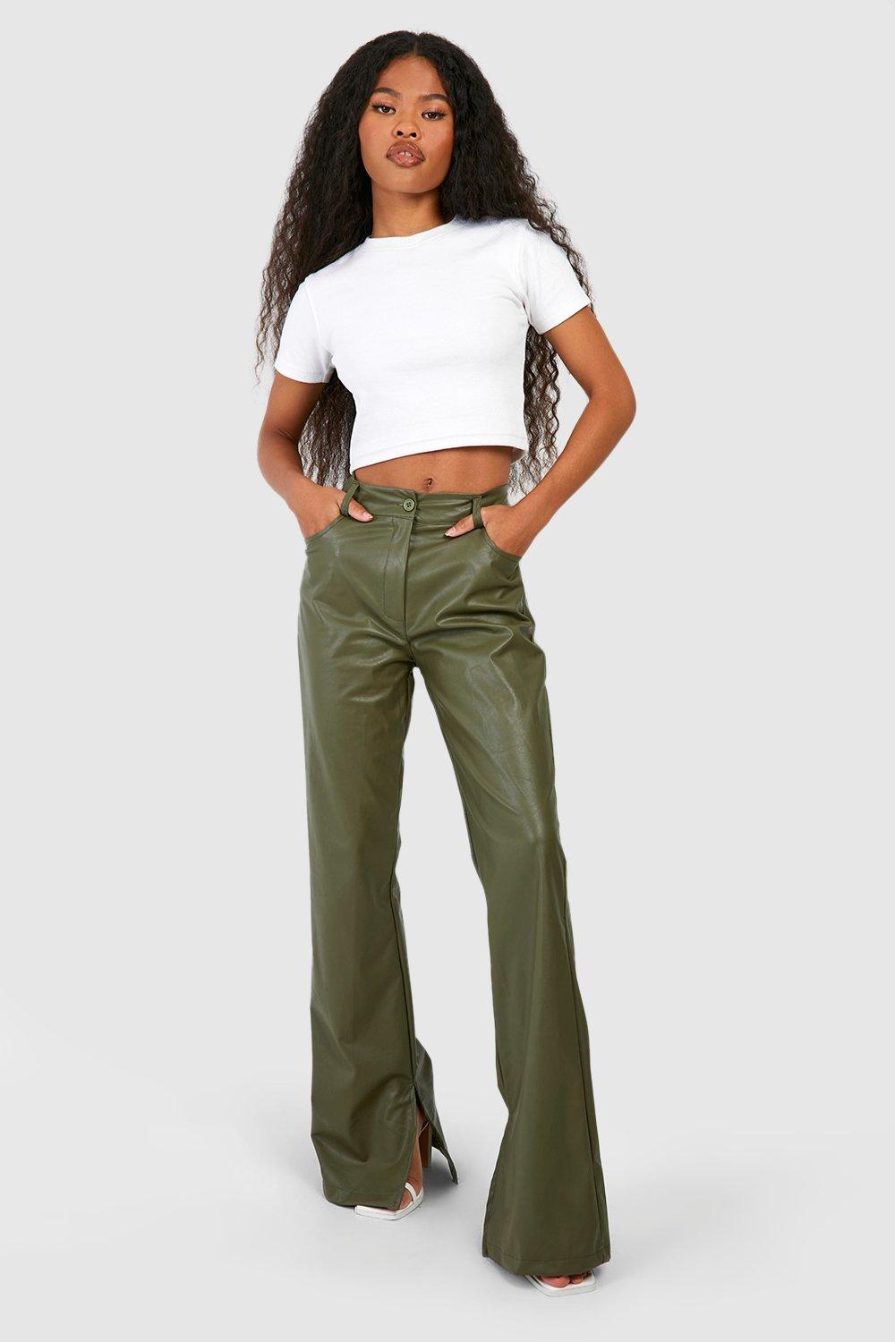 Image of Pantaloni dritti effetto pelle con spacco sul fondo, Verde